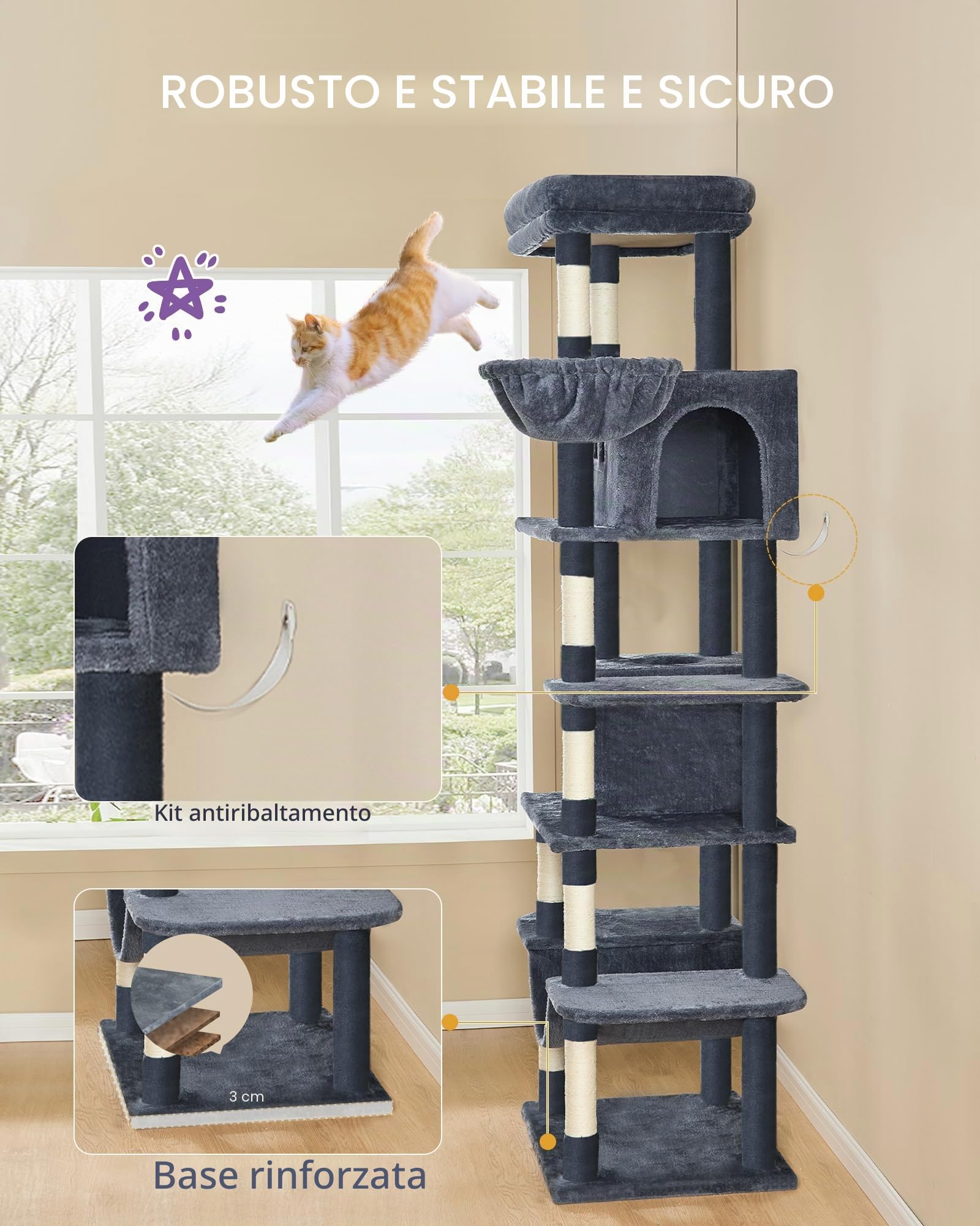 Hzuaneri Albero per Gatti, tiragraffi per gatti adulti 210 cm, xxl, giochi per gatti, Lavabile, trespolo per gattis con 2 Grotte, 8 Tiragraffi, Cestini, Amaca, Pompon, Grigio Scuro MS21018SG