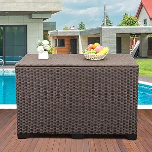 Valita Outdoor Wicker Storage Box, Big Size,Brown Rattan Deck Bin with Lid, 150 Gallon