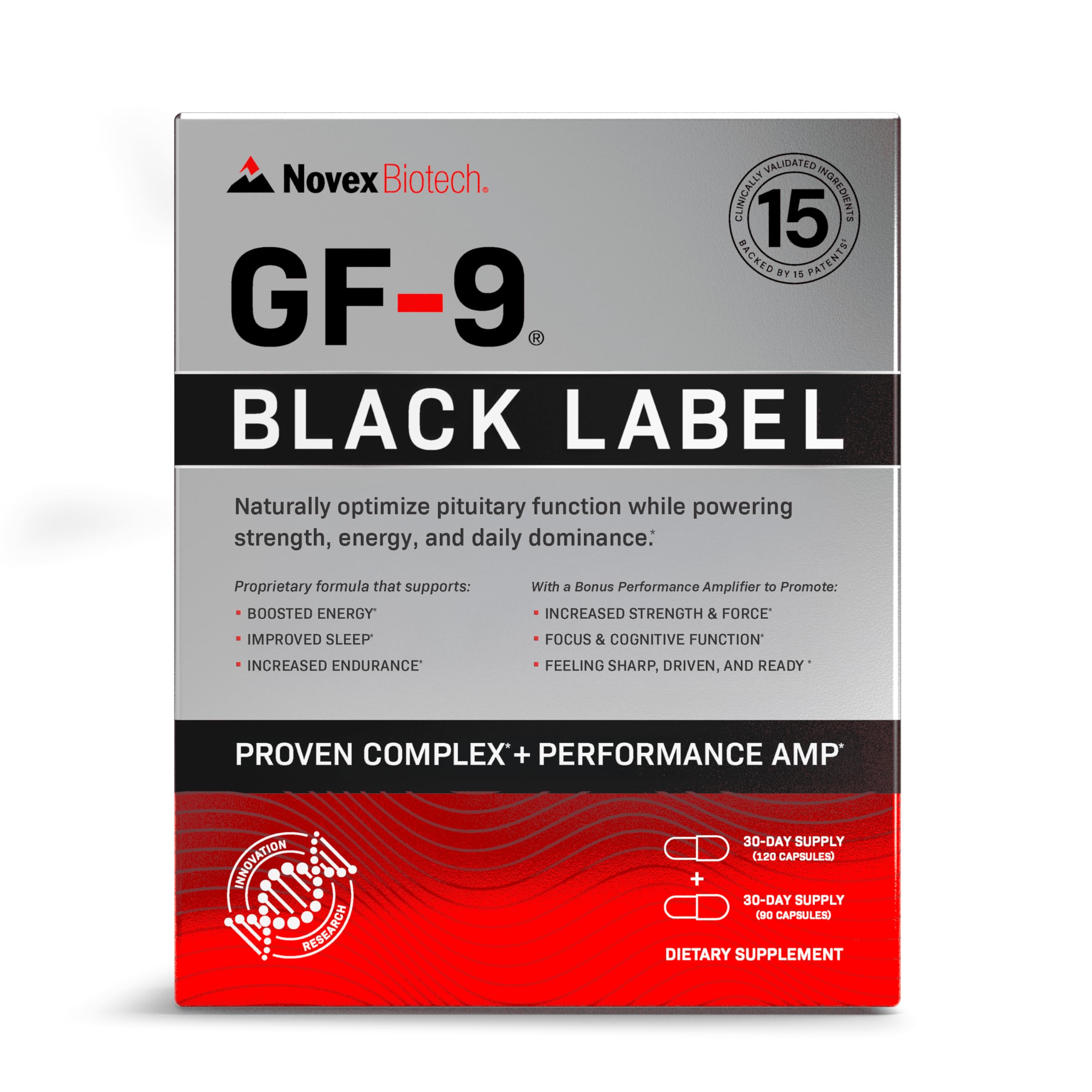 Novex Biotech GF9 Black Label, suplemento alimentar em cápsulas com Alpha-GPC, Cissus quadrangularis, cafeína e L-teanina, 210 cápsulas
