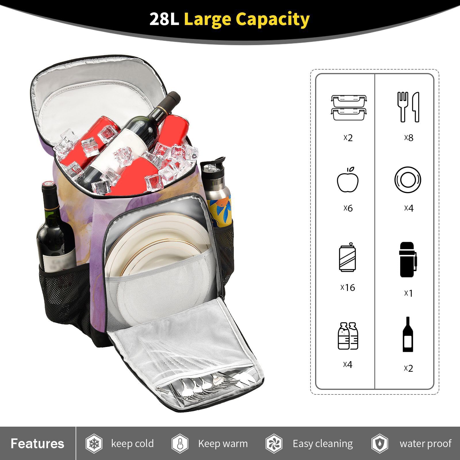 Purple Marble Gold Fluid White Cooler Backpack Cooler Insulated Leak Proof Lunch Backpack 36 Cans Waterproof Soft for Men Women Picnic Hiking Camping Beach