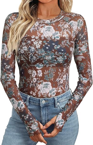 Womens Mesh Sheer Lace Going Out Slim Fitted See Through Tops Spring F...