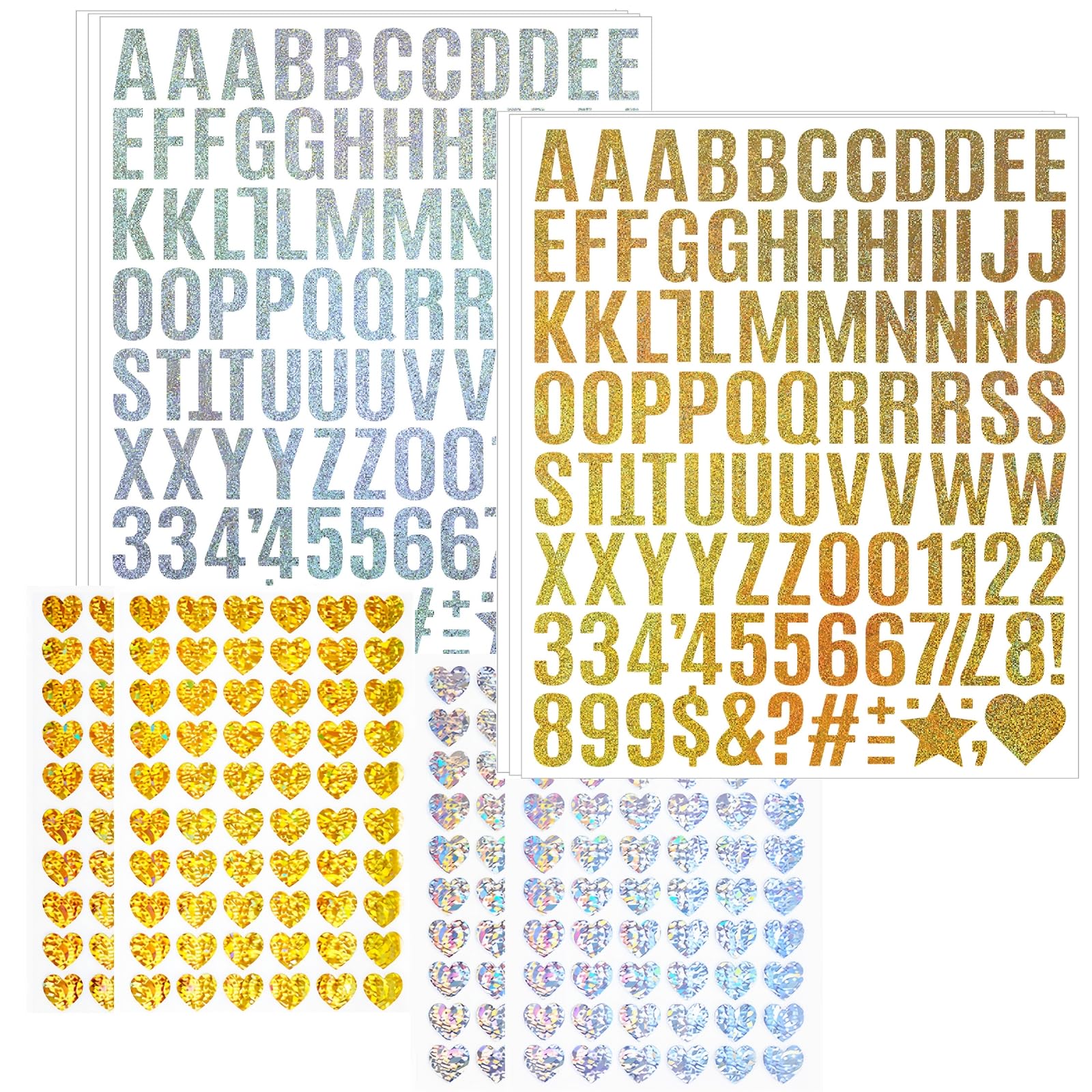 880pcs Silver & Gold Letter Stickers, 10 Sheets with 1 Inch Alphabet & Number, 0.5 Inch Heart for Scrapbooking, Gifts | Glitter Self-Adhesive Vinyl Scrapbook Stickers