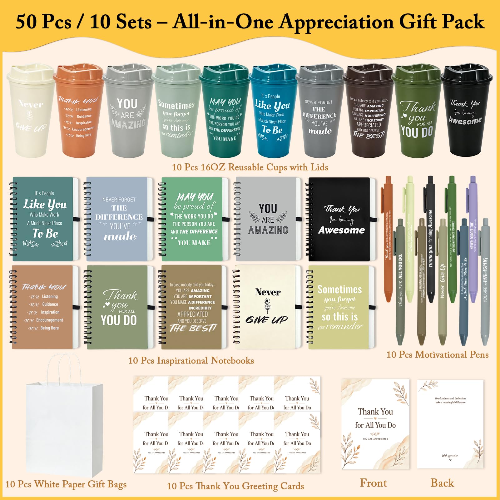 Set da 50 pezzi/10 set di regali di apprezzamento per dipendenti, include tazze da caffè riutilizzabili, quaderni, penne, carte, borse, regali di ringraziamento per colleghi, squadra, insegnanti