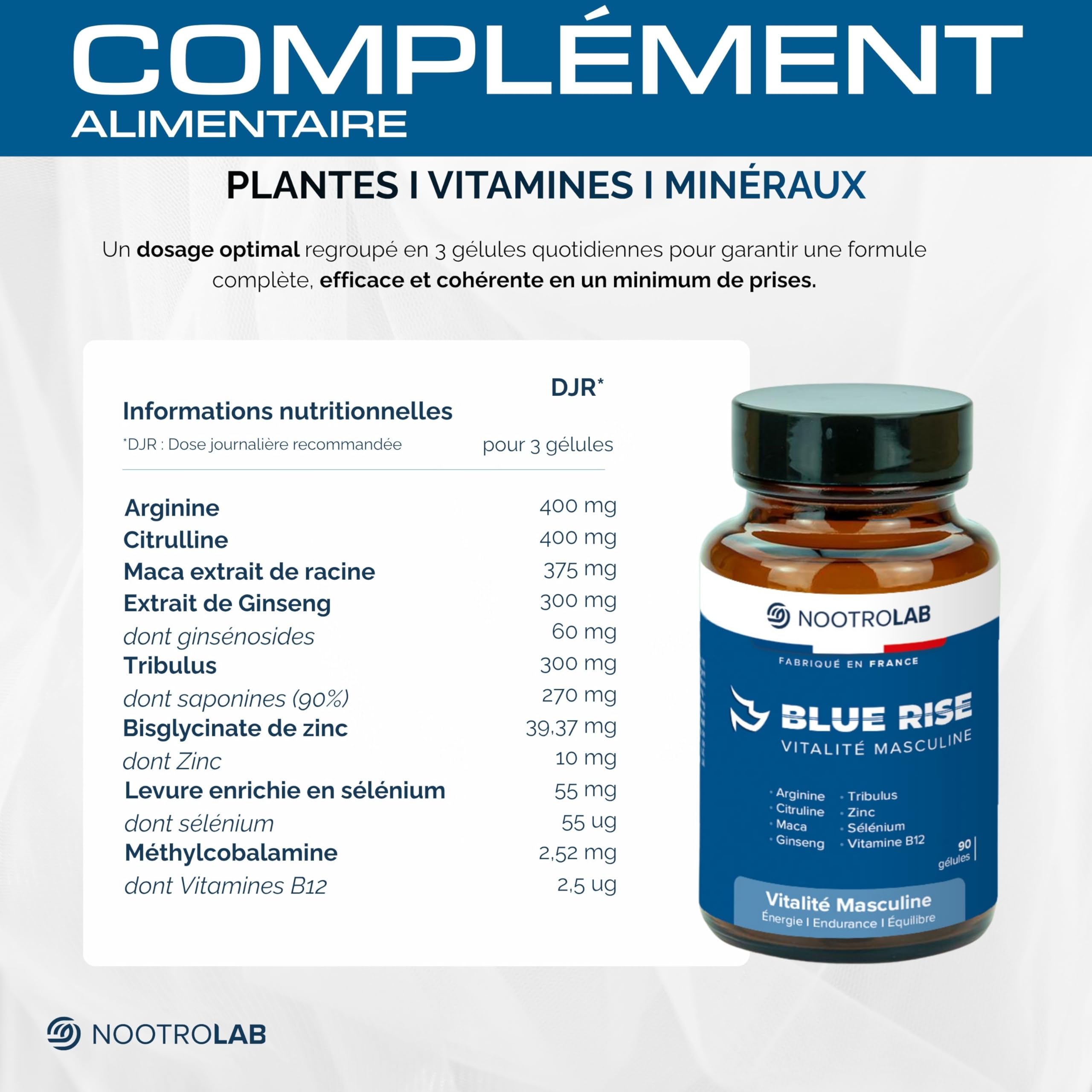 Blue Rise Nootrolab – Vitalité Masculine & Libido – Maca, Ginseng, Tribulus, Arginine, Citrulline – Zinc, Sélénium, Vitamine B12 – Énergie, Endurance, Testostérone – 90 Gélules – Fabriqué en France