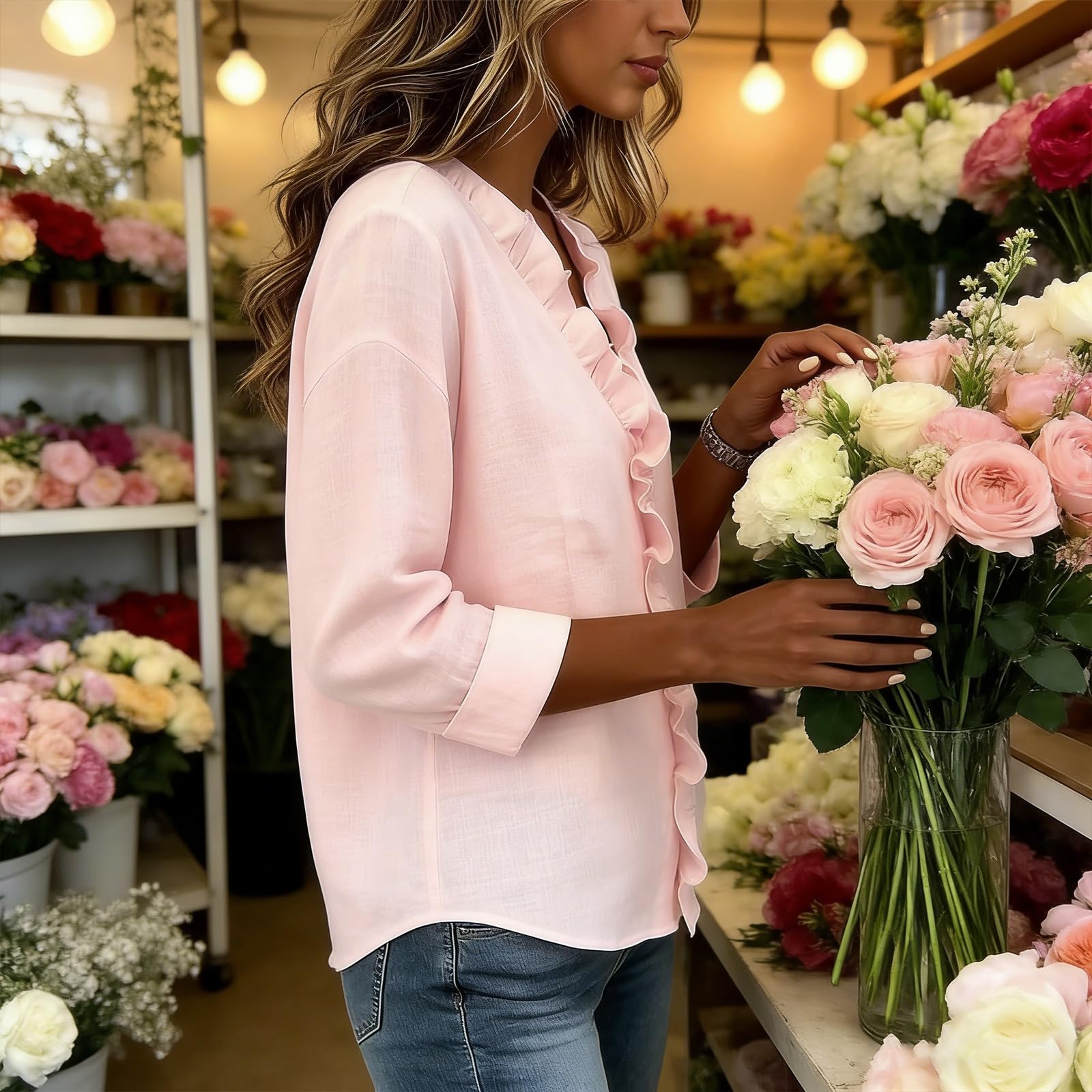 Camisa de manga larga con cuello en V y volantes para mujer, casual, ajuste holgado, para negocios, oficina, trabajo, camisa de trabajo de manga larga con cuello en V