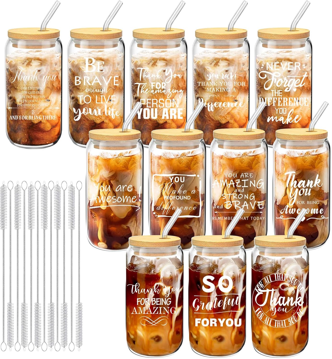 12 Set Thank You Gifts Employee Appreciation Gifts Bulk, 16 oz Glass Cups with Lids Straws Brushes and Gift Cards for Staff Coworker Friends Teacher Nurse