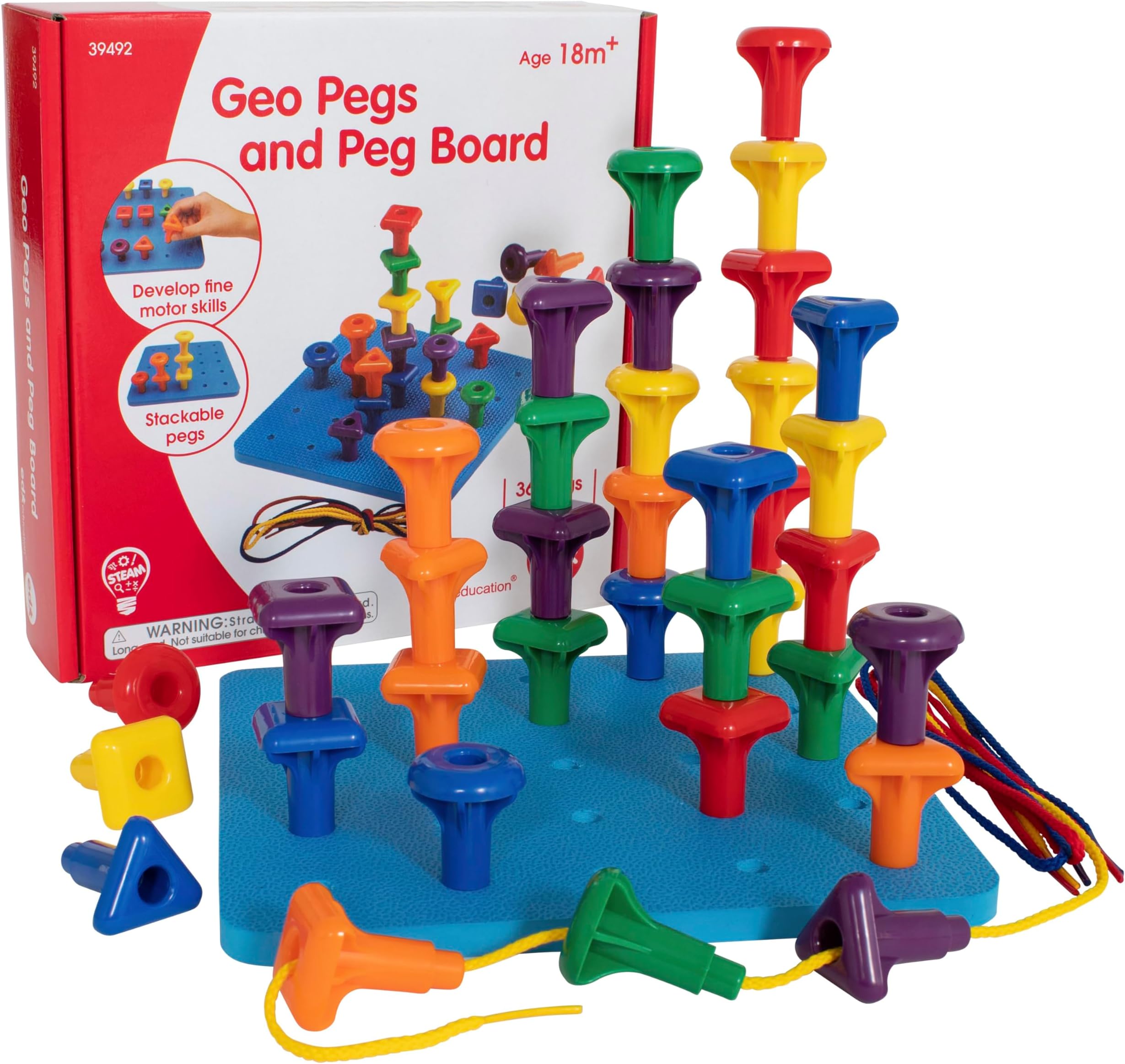 edxeducation Geo Pegs and Peg Board Set | 36 Pegs in 3 Shapes and 6 Colours + 3 Laces | Ages 18m+ | Homeschooling Supplies for Preschool Activities