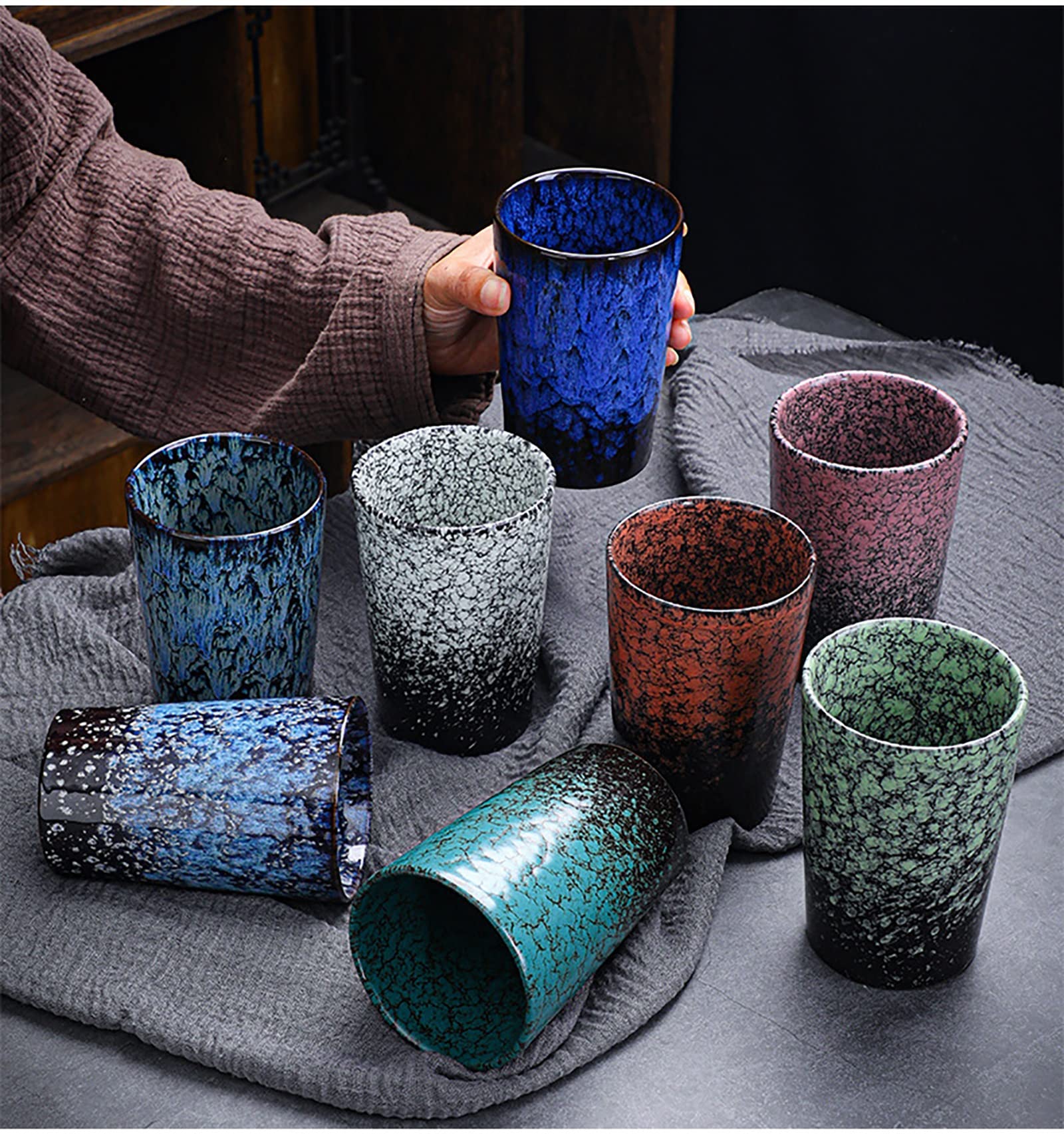 Juego de 2 Tazas de cerámica japonesas de Estilo Chino/japonés, Tazas de té sin asa de 12 oz (Color: Blanco y Azul)