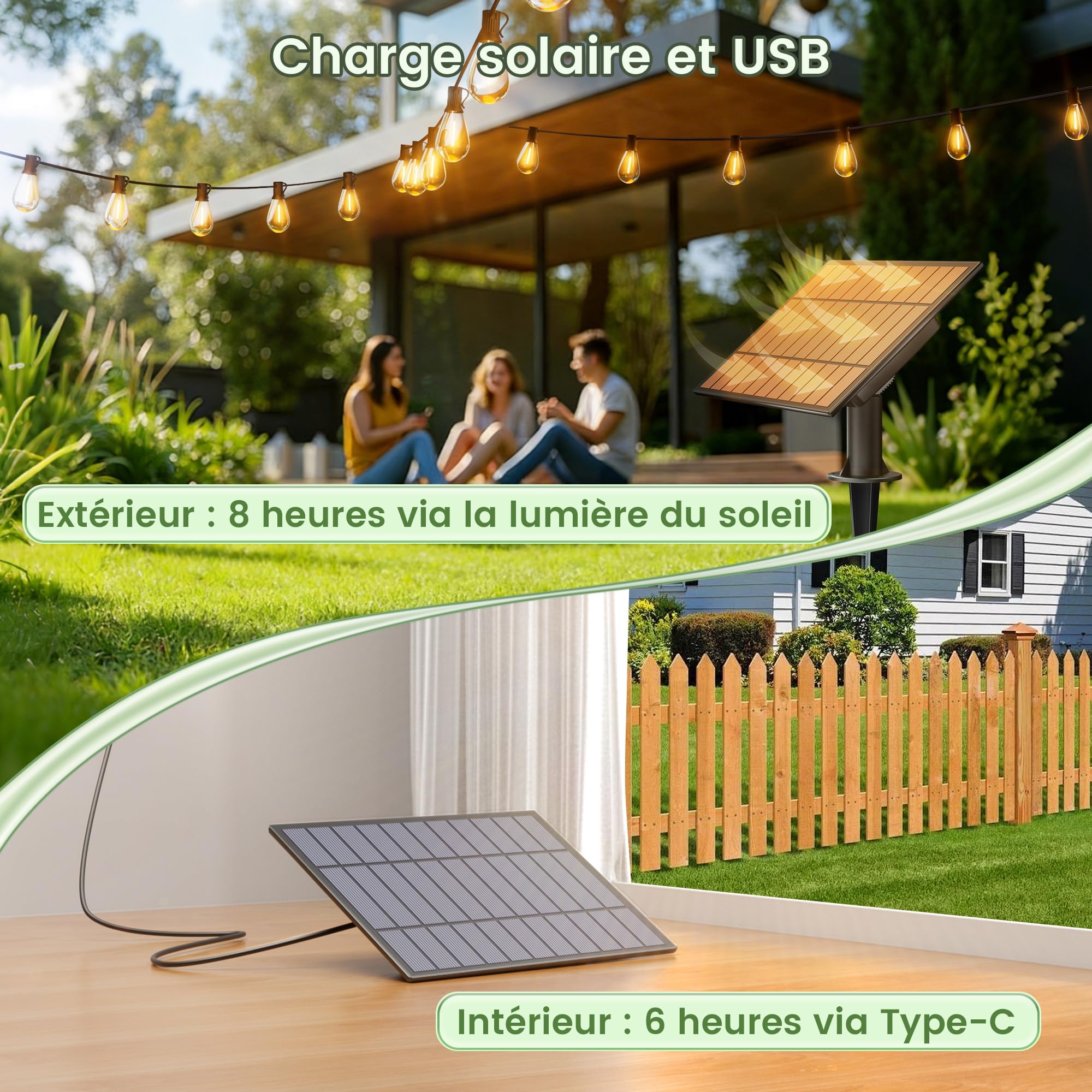 OHLUX Guirlande lumineuse solaire d'extérieur de 45,7 m avec télécommande, 62 ampoules LED S11 à intensité variable, étanchéité IP65, incassable, 2200 K, lampe suspendue E12 pour terrasse