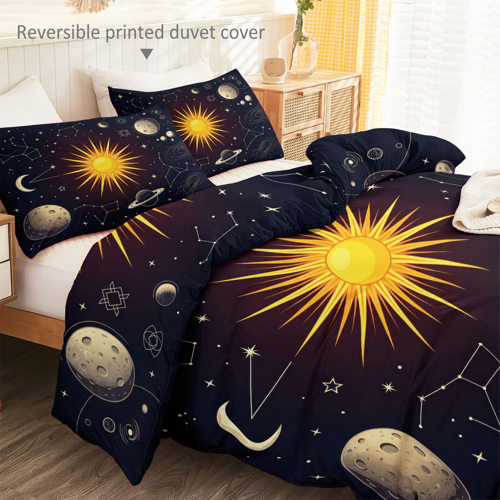 Set di biancheria da letto matrimoniale con copripiumino bohémien, reversibile, in morbida microfibra traspirante, con sole, luna e stelle, 200 x 200 cm, con 2 federe, facile da pulire