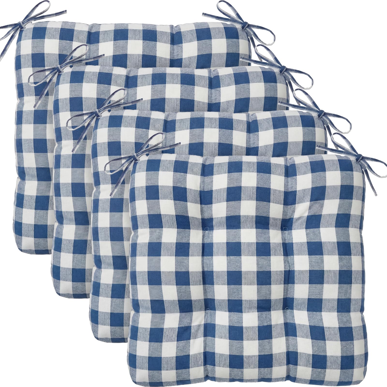 Geetery 4 Pack Plaid Chair Cushions, 16" x 15", Navy Blue and White
