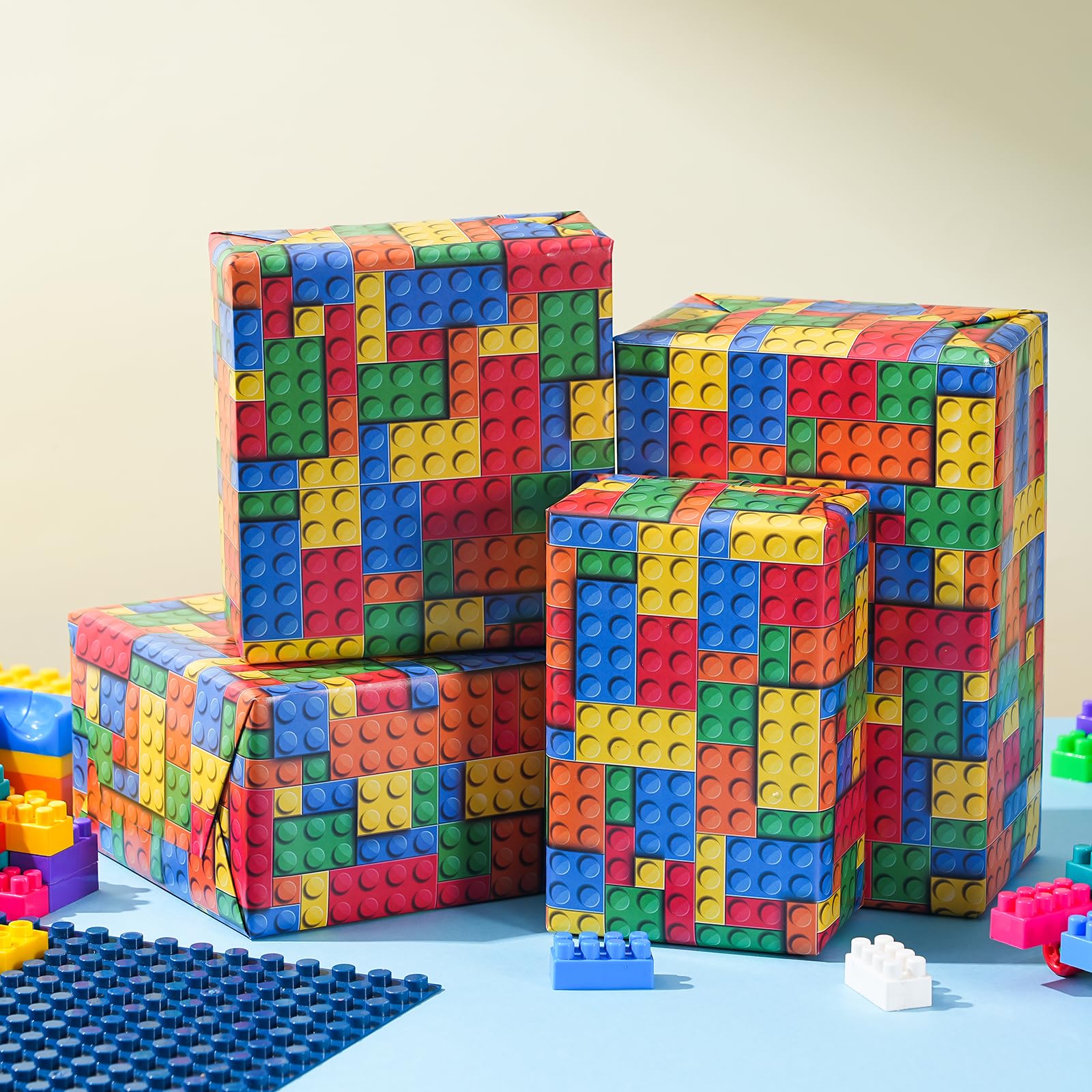 PlandRichW Building Blocks Wrapping Paper for Boys Girls - 4 Large Folded Sheets, 40"x 28" Colorful Building Bricks Design Gift Wrap for Kids Birthday, Toys, Baby Shower