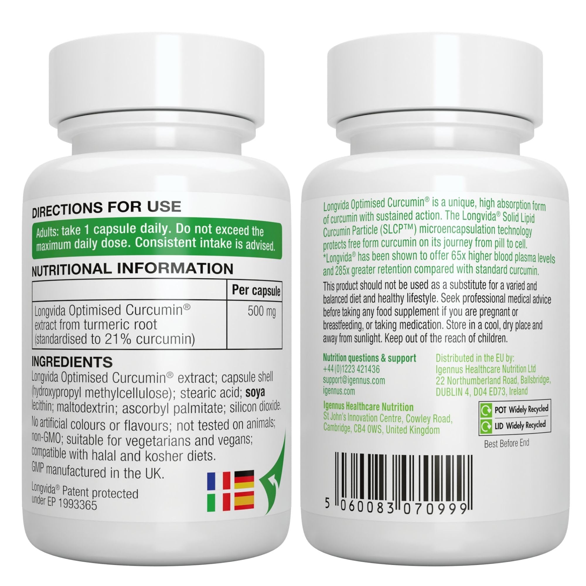 Igennus Longvida Curcumine Lipidée 500 mg, Ultra biodisponible & Action prolongée, 65x plus de concentration plasmatique, Soutien intensif, Curcumine libre, Végan, 30 capsules
