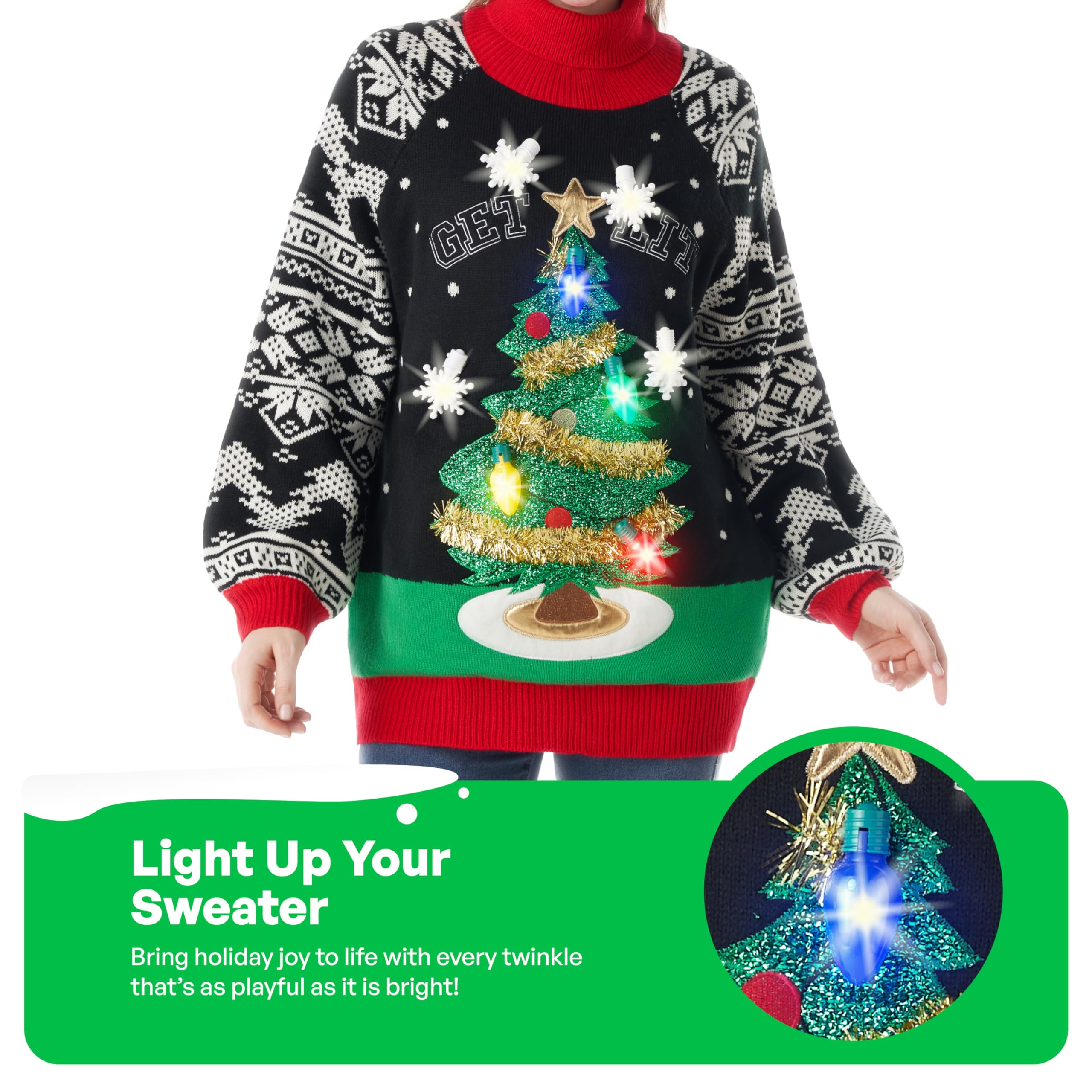 JOYIN Mujer resplandor suéter feo vestido largo suéter con divertido árbol de Navidad 3D y bombillas de novedad, suéter negro de manga larga de Navidad patrón de punto
