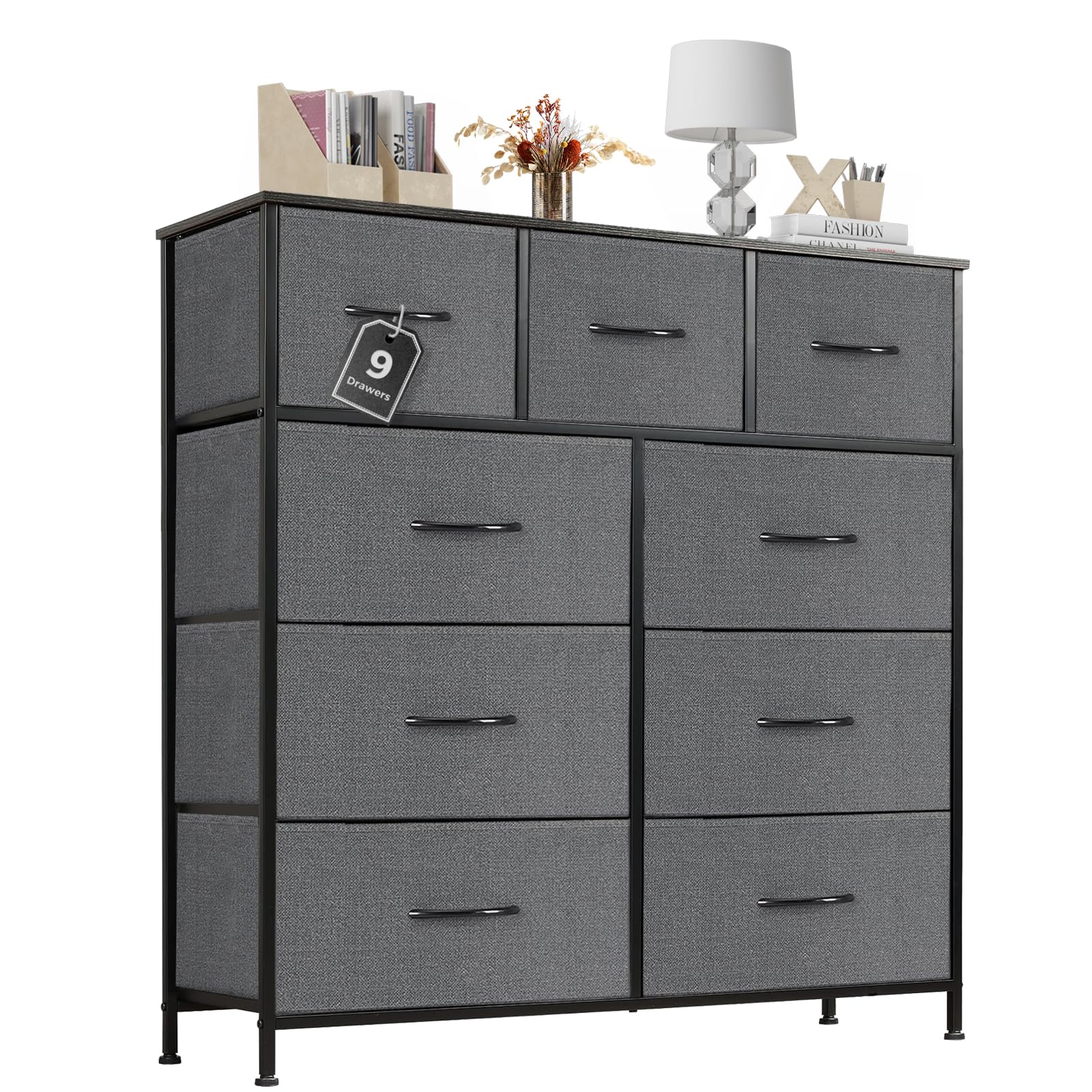 Atilioo Dresser for Bedroom with 9 Drawers, Anti-Tip Tall Fabric Chests Storage Organizer Tower Furniture with Wooden Top Metal Frame for Clothes,