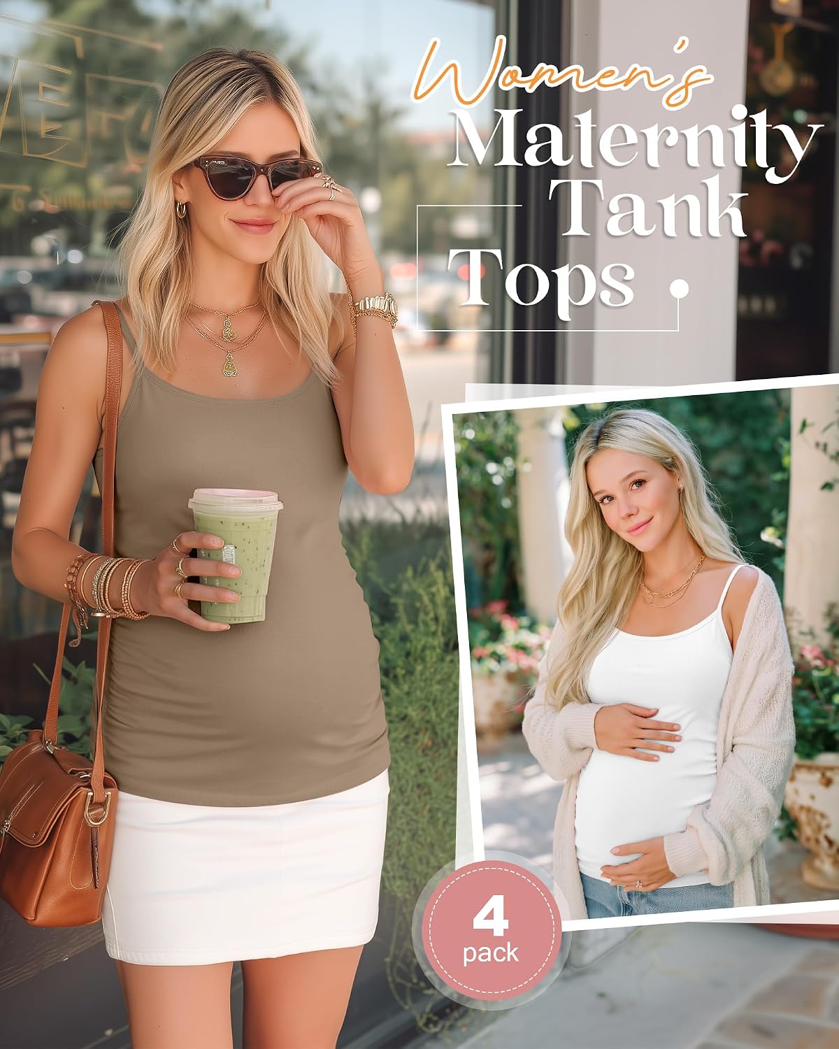 4 Pack Women's Maternity Tank Tops Adjustable Spaghetti Straps Pregnancy Camisoles Side Ruched Scoop Neck Camis