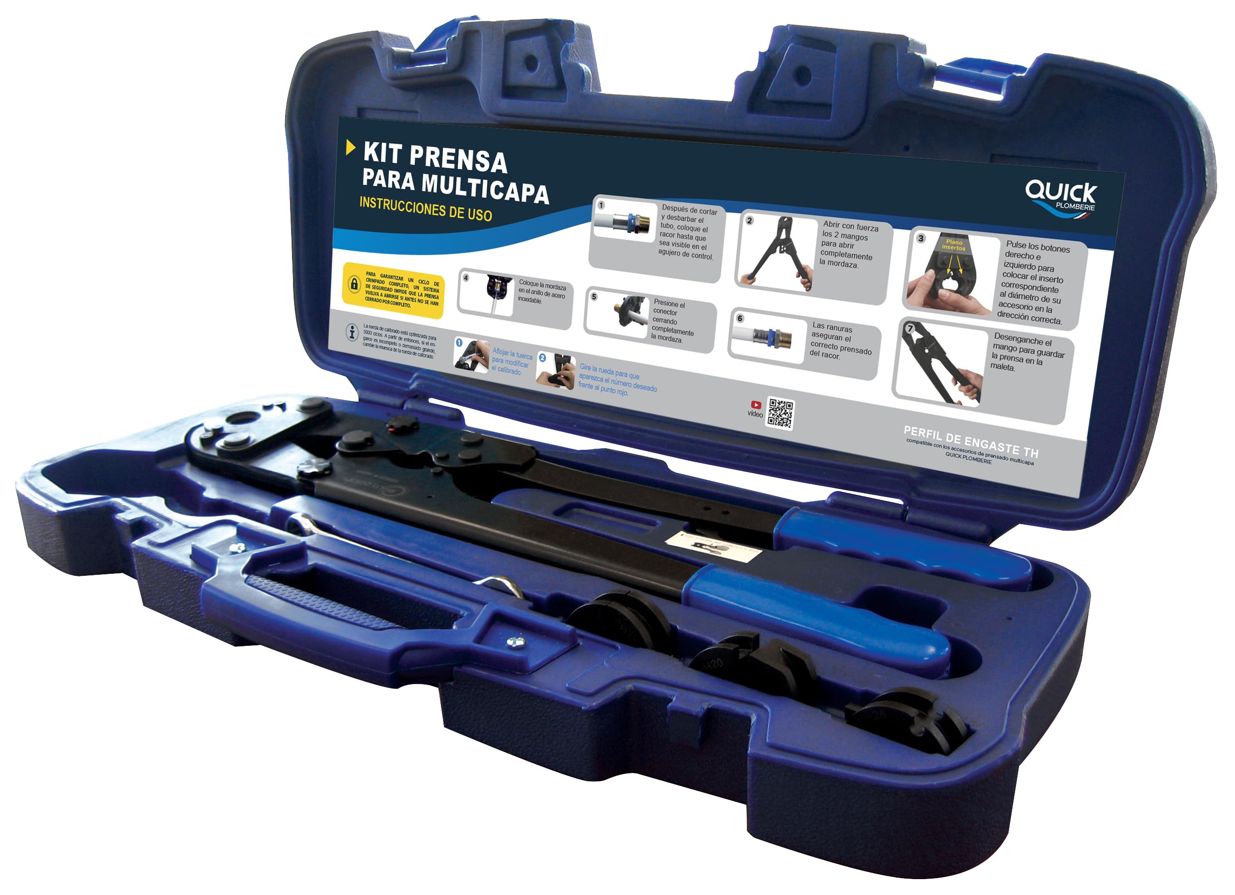 Tenaza de prensado manual multicapa – Perfil TH Ø16-​20-​25-​26 | Con juegos de mordazas intercambiables y maleta rígida | Precisa, robusta y fácil de transportar | QUICK PLOMBERIE