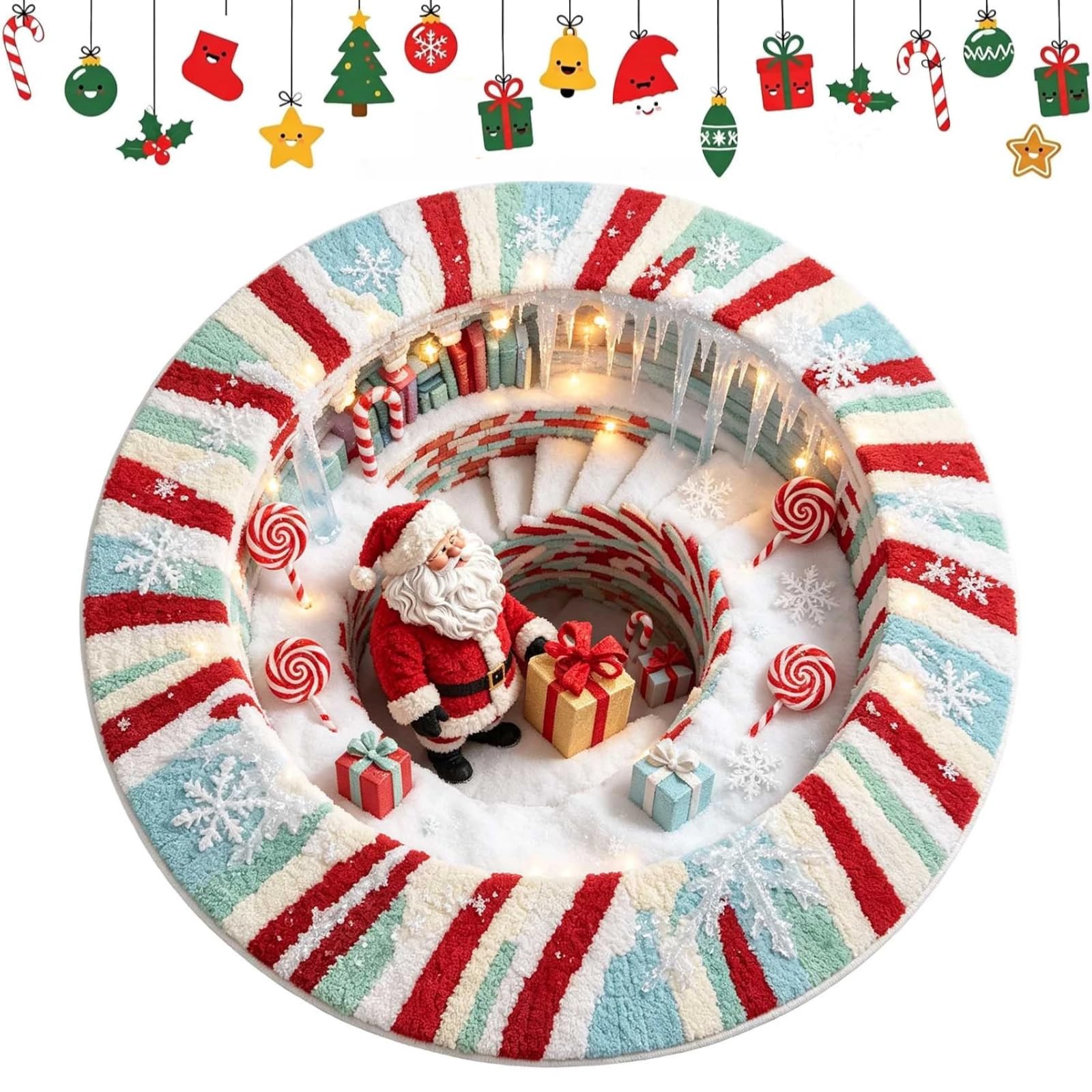 3D Christmas Rugs Optical Illusion Mat Round Santa Non‑slip Area Rug 2027 — image 1