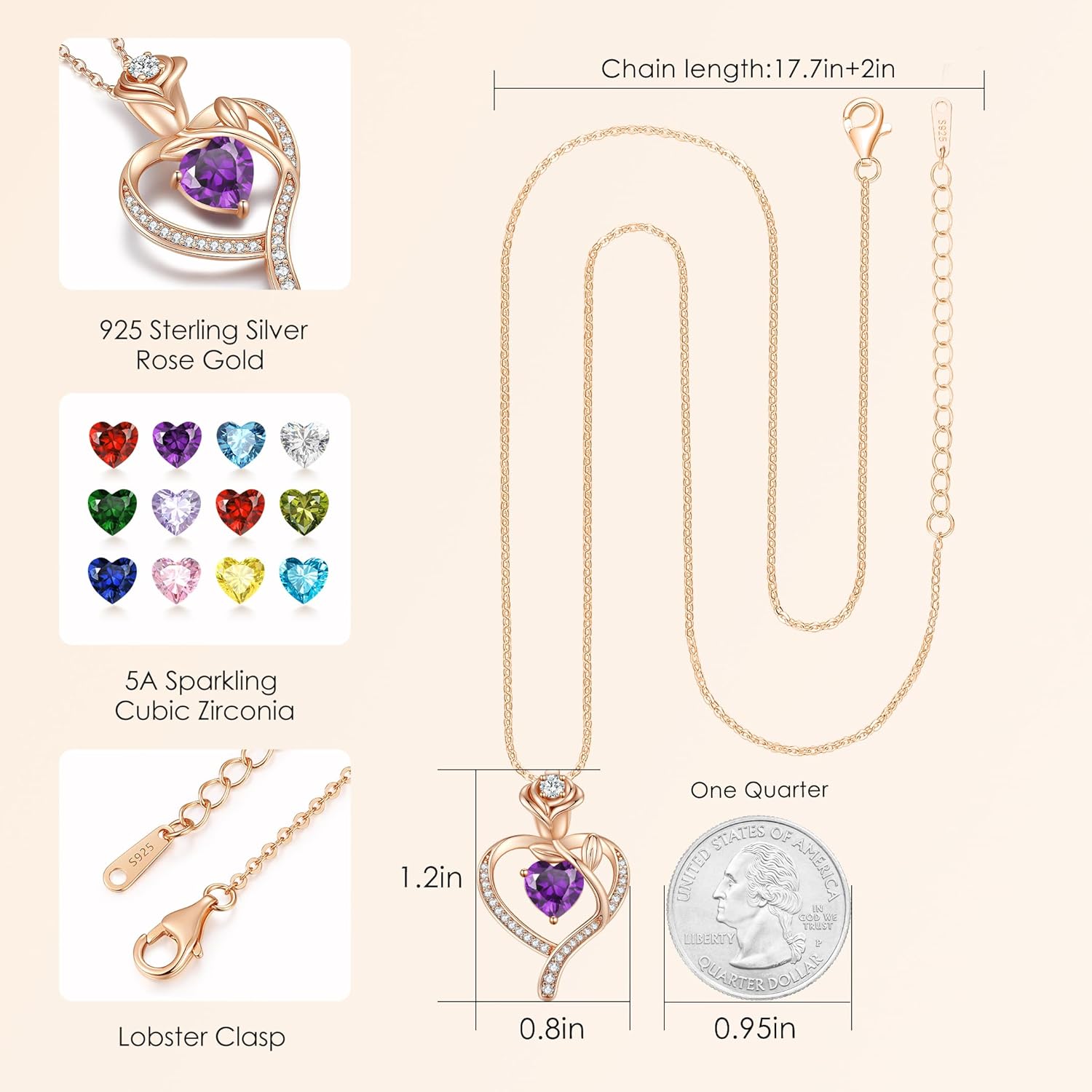 LOUISA SECRET Rose Flower Heart Birthstone Necklaces for Women, 925 Sterling Silver Fine Jewelry, Pendant Heart Necklaces Birthday Anniversary Christmas Gift for Women Wife Mom Girlfriend Lady - Image 5