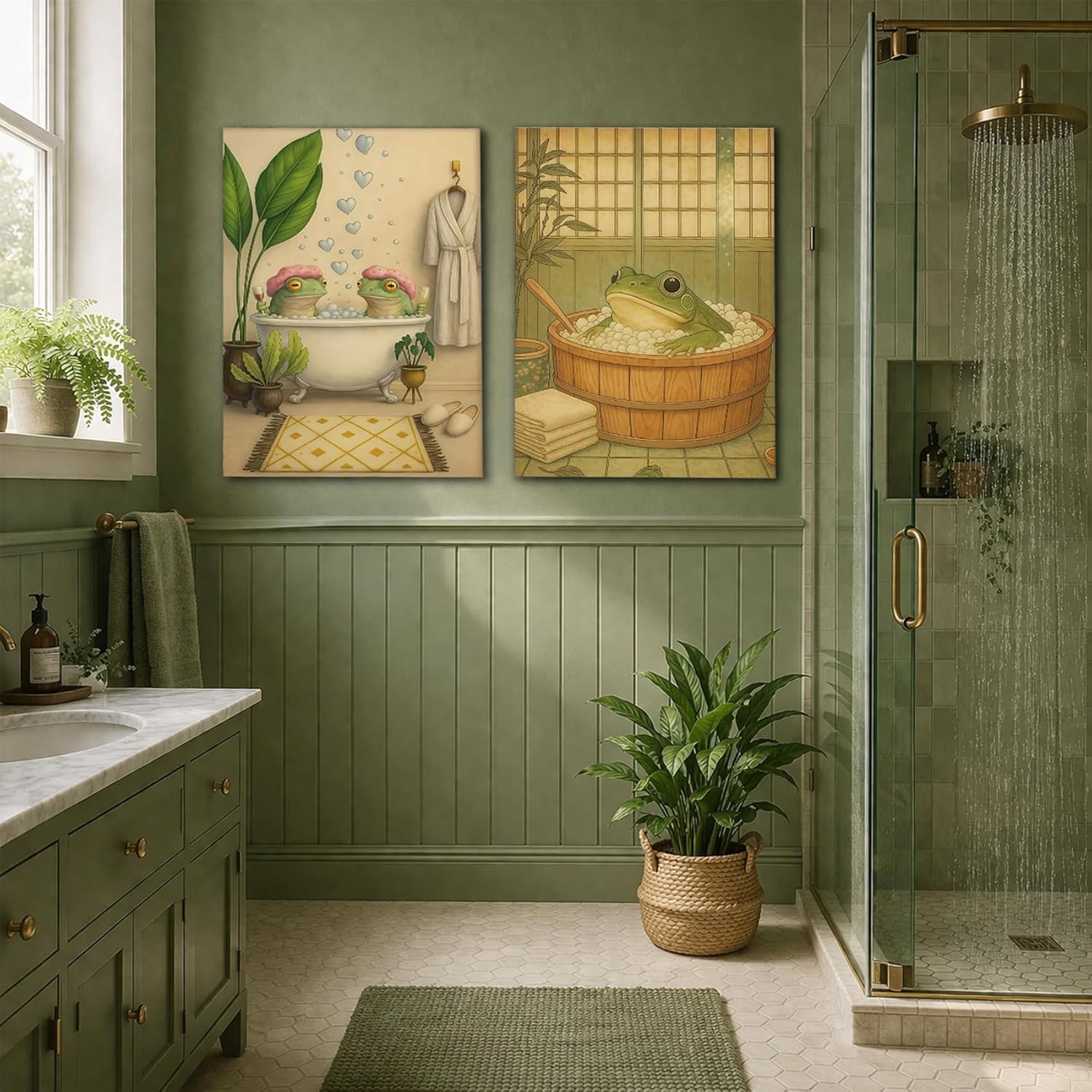 Japanese Frog Bathroom Wall Art Set Of 2 Framed Canvas Prints Japandi Wall Decor Minimalist Zen Japanese Bathroom Art For Restroom Powder Room Spa Room 12 X 16 Inches