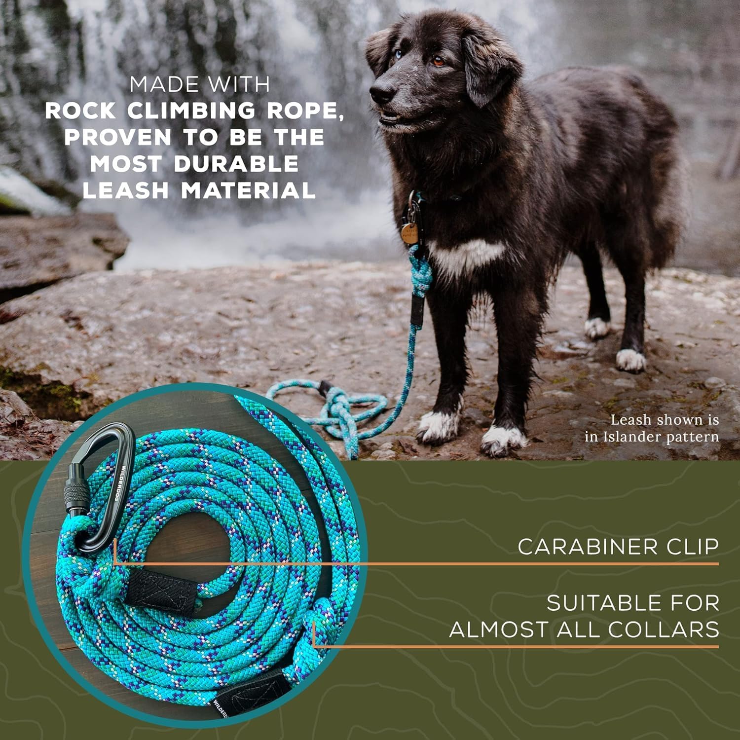 Wilderdog Carabiner Climbing Rope Dog Leash for Medium & Large Dogs - 10ft - Islander
