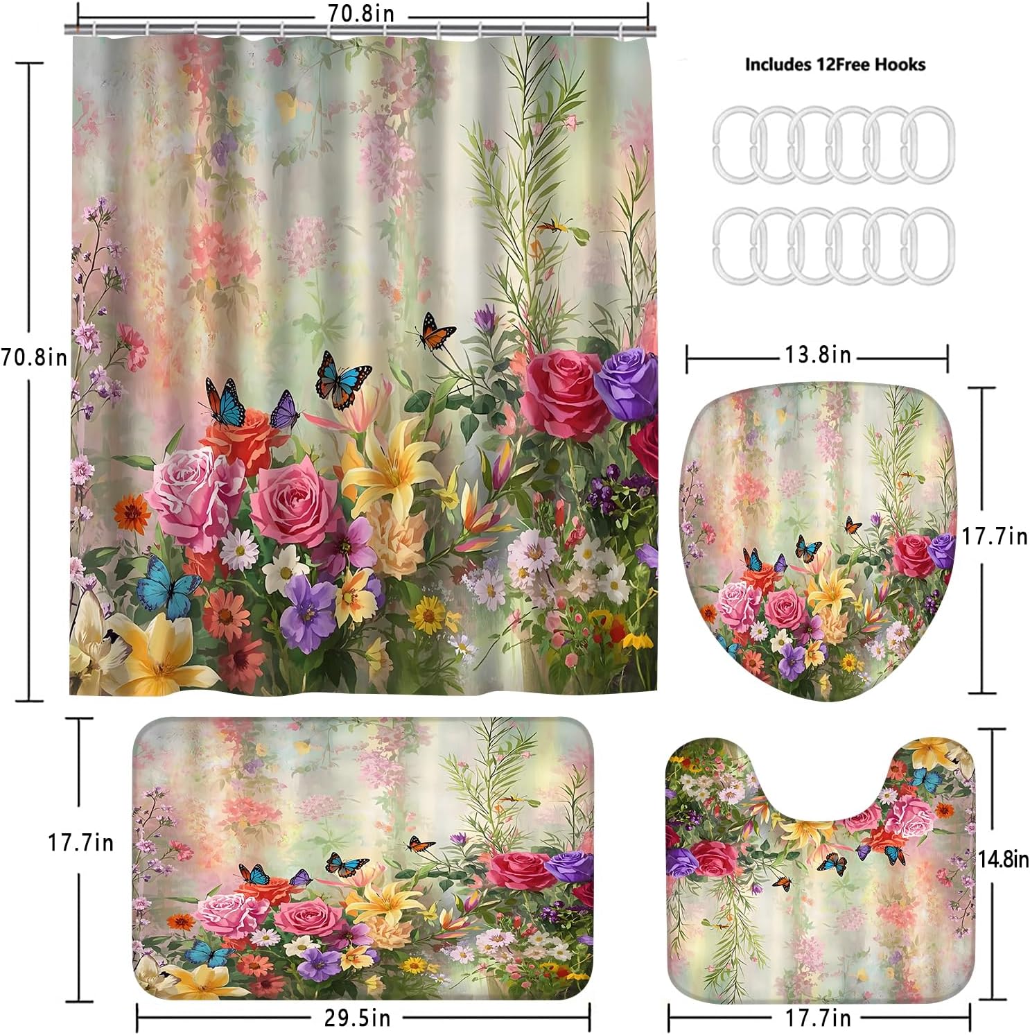DDQQ 4-Piece Butterfly Floral Shower Curtain Set Botanical Aesthetic Flower Bathroom Set with Shower Curtain and Rugs, Cute Fun Decorative Bath Curtain with Hooks for Home Decor