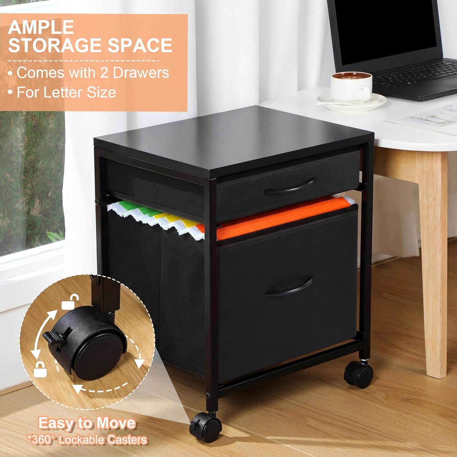 Rolling Mobile File Cabinet Cart with 2 Fabric Drawers A4 Letter Size Beside, Vertical Filing Cabinet on Lockable Wheels, Mobile Printer Stand Storage Under Desk for Home Office(Black)