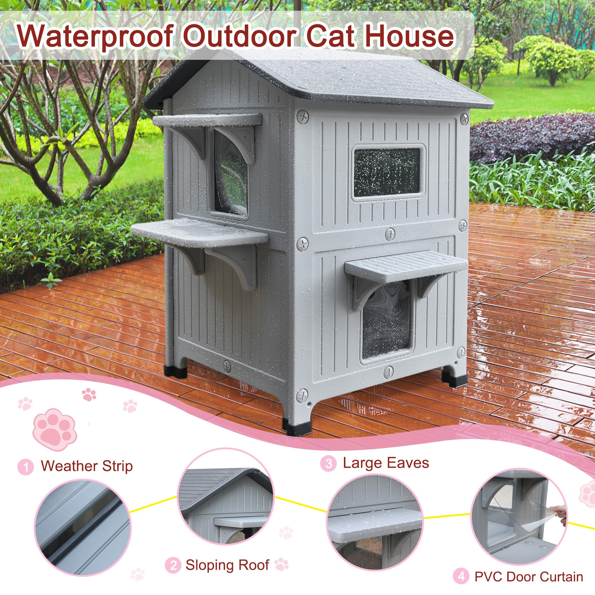 Casa para Gatos al Aire Libre de Plástico Exterior - Refugio Resistente a la Intemperie con Puerta de Escape para Gatos Salvajes y Mascotas