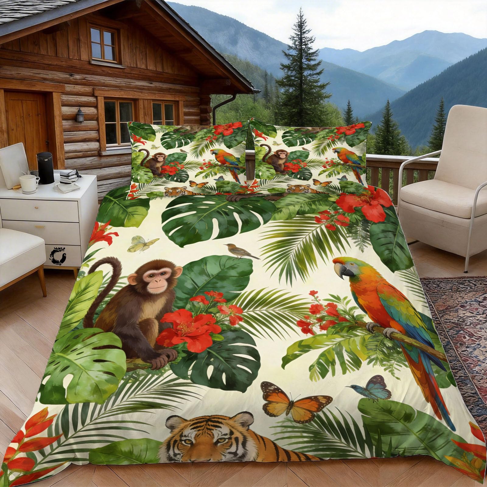 Housse de Couette 240 x 260 Jungle Animal, 2 Personnes, Parure de Lit Plantes Tropicales Microfibre avec 2 x Taie d'oreiller 65x65 cm avec Fermeture éclair