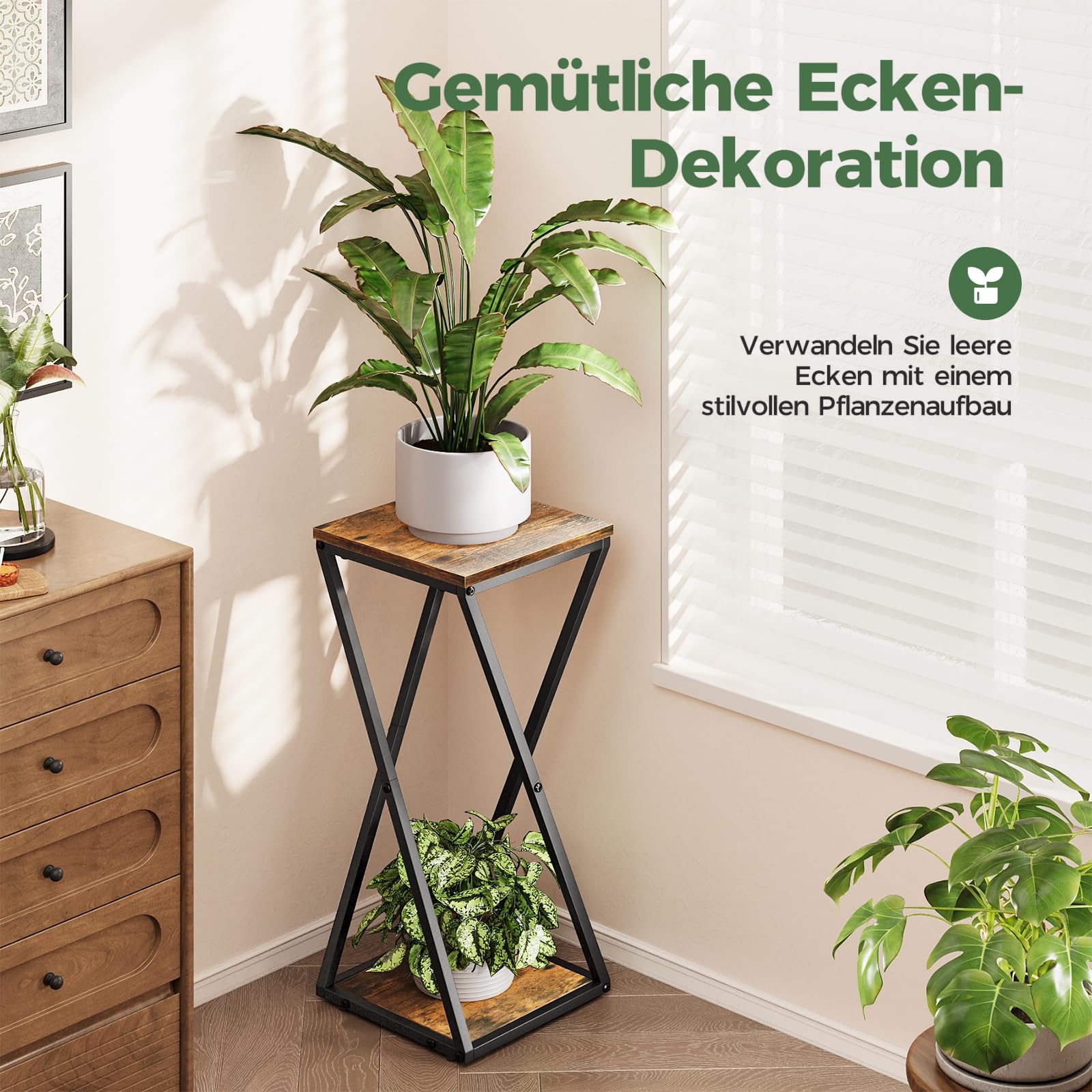 Bamworld Blumenständer Metall mit Holz Ablagen, 2 Ebenen Pflanzenständer im Industrie-Design, Blumenhocker für Wohnzimmer Balkon Garten Dekoration