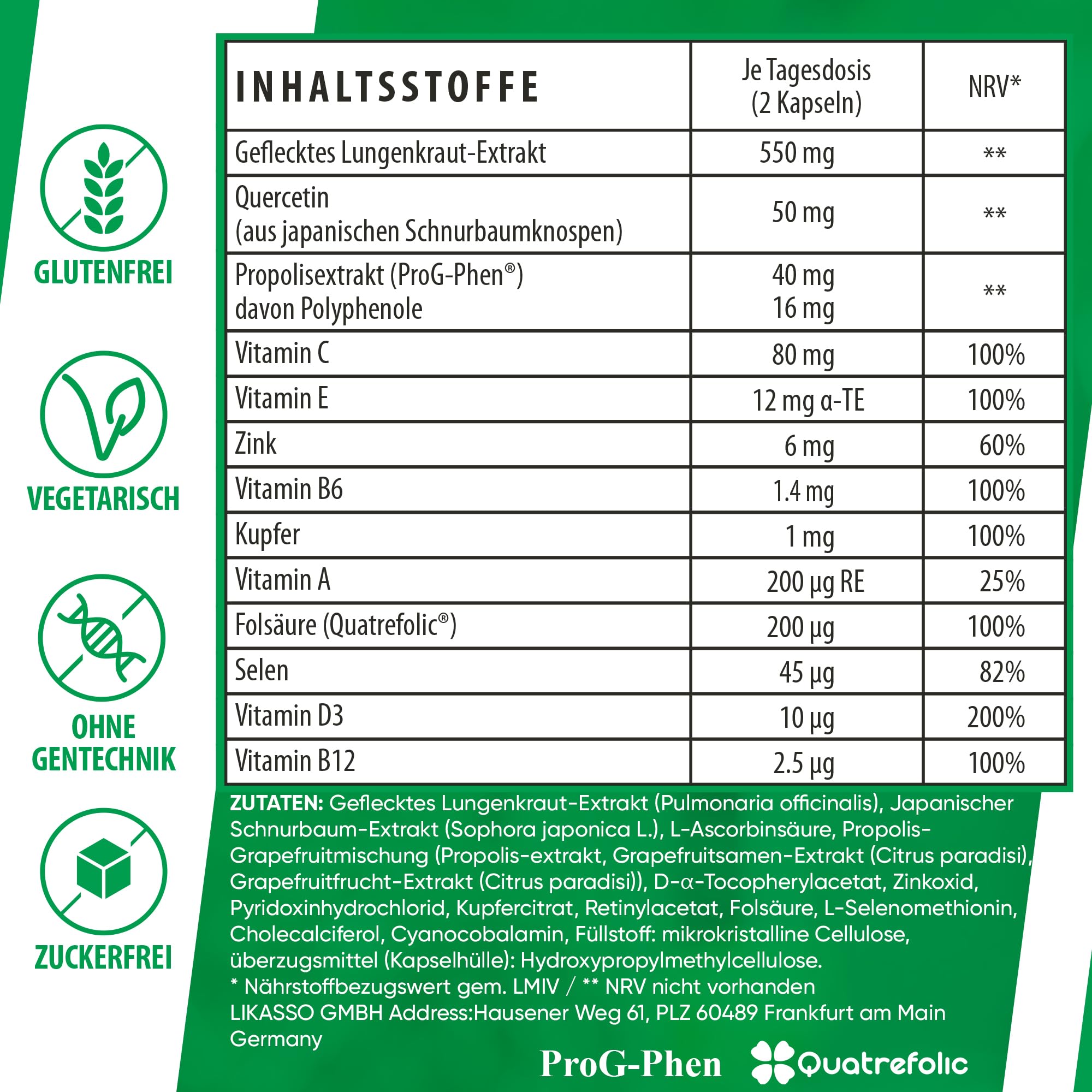 Herboxa Lungenkraut Mehrere Packungen (4 Stück) - mit geflecktes Lungenkraut - Enthält Folsäure, die Müdigkeit und Erschöpfung reduziert, Vitamin C, Quercetin, ProG-Phen - 60 Kapseln