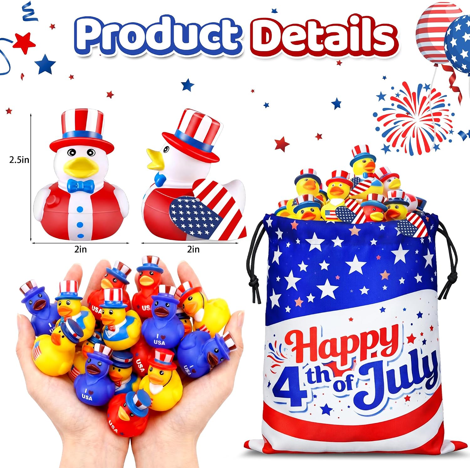 48 Pcs Patriotic Rubber Ducks 4th of July Party Favors, Bulk 4th of July Ducks Toys with Heart Flag Tags & Storage Bag for Jeep Ducking Cruise Hiding, Independence Day Memorial Day Toys Gifts for Kids