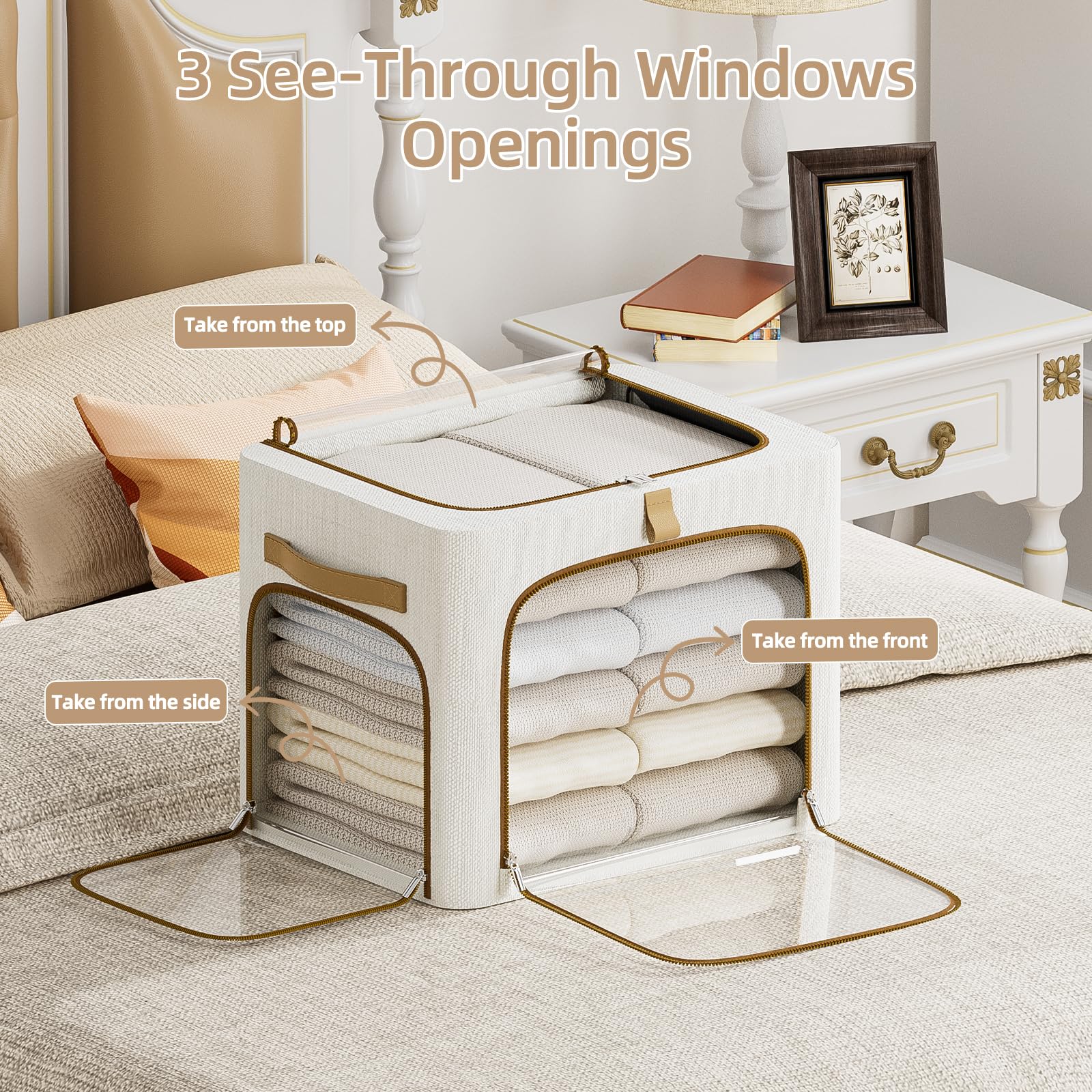 CYhom Contenitori per vestiti con struttura in metallo, 3 aperture per finestre trasparenti, confezione da 3 contenitori pieghevoli per armadio (bianco, 43 L, 43 x 12,6 x 32,6 cm)
