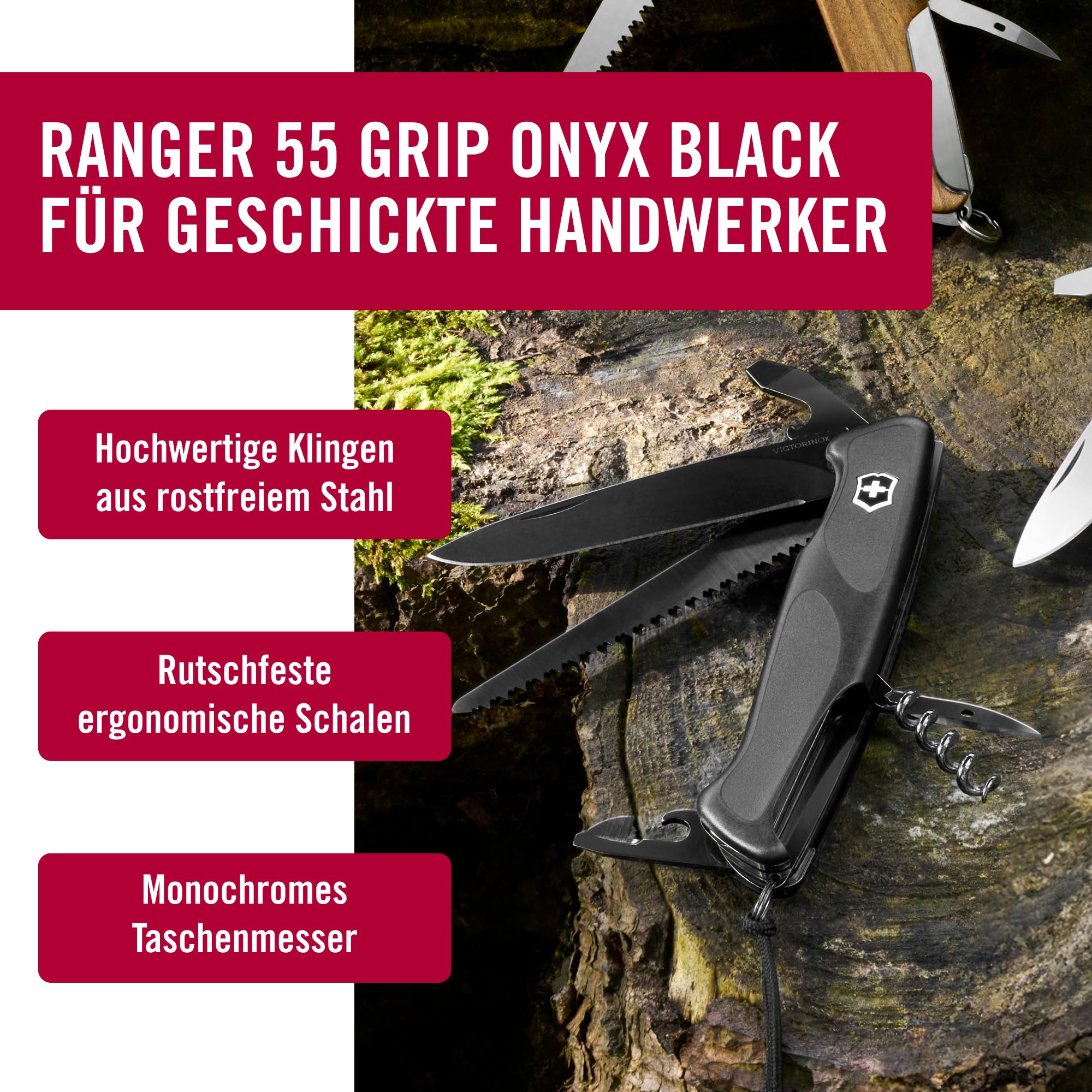 Victorinox Taschenmesser Ranger Grip 55 Onyx Black (12 Funktionen, Festellklinge, Holzsäge), schwarz, 130mm