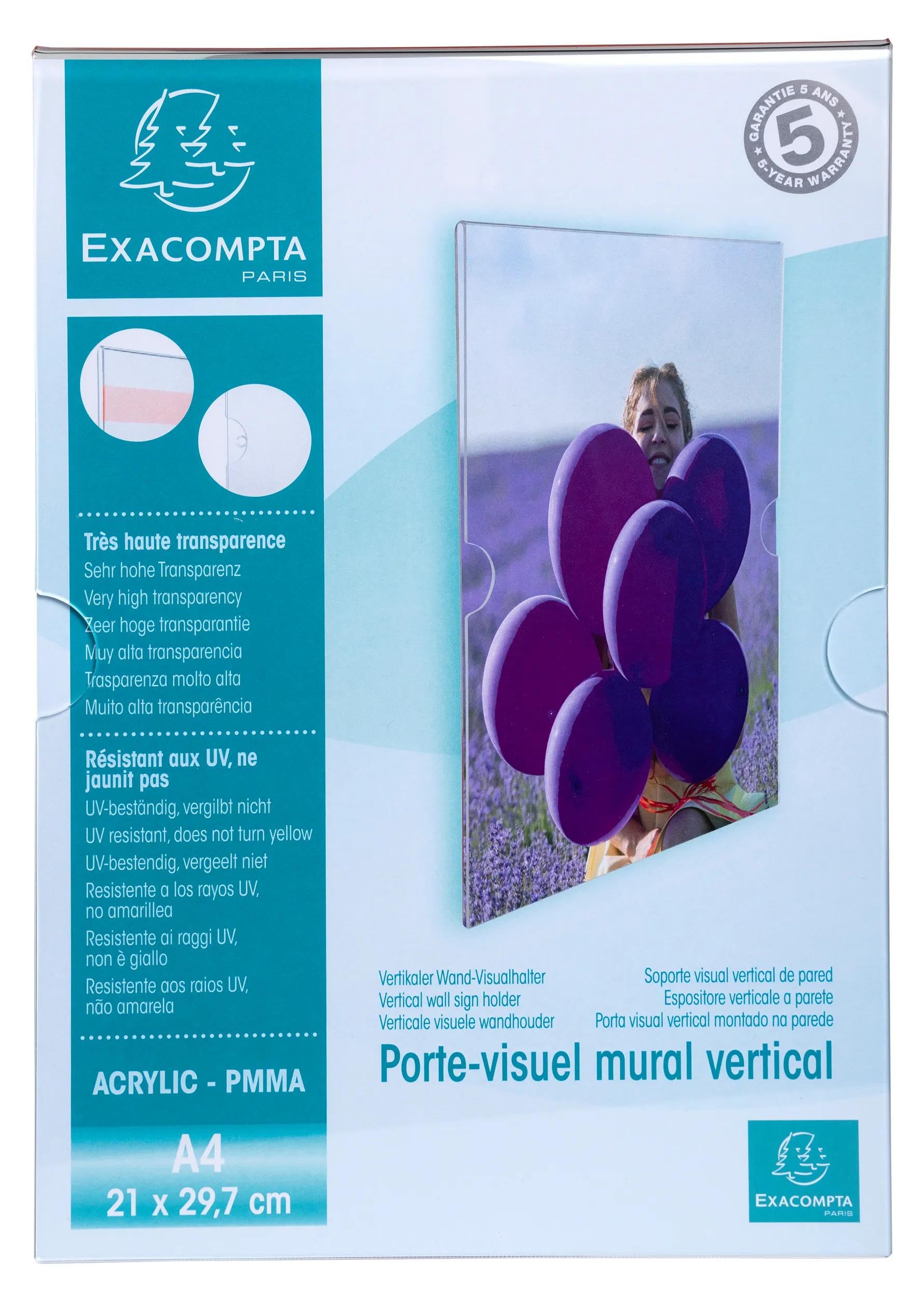 Exacompta - Ref 84858HD - Box of 10 - Vertical wall Display Holder A4 for displaying Photos or documents - Made of high Transparency PMMA (Acrylic) - Crystal
