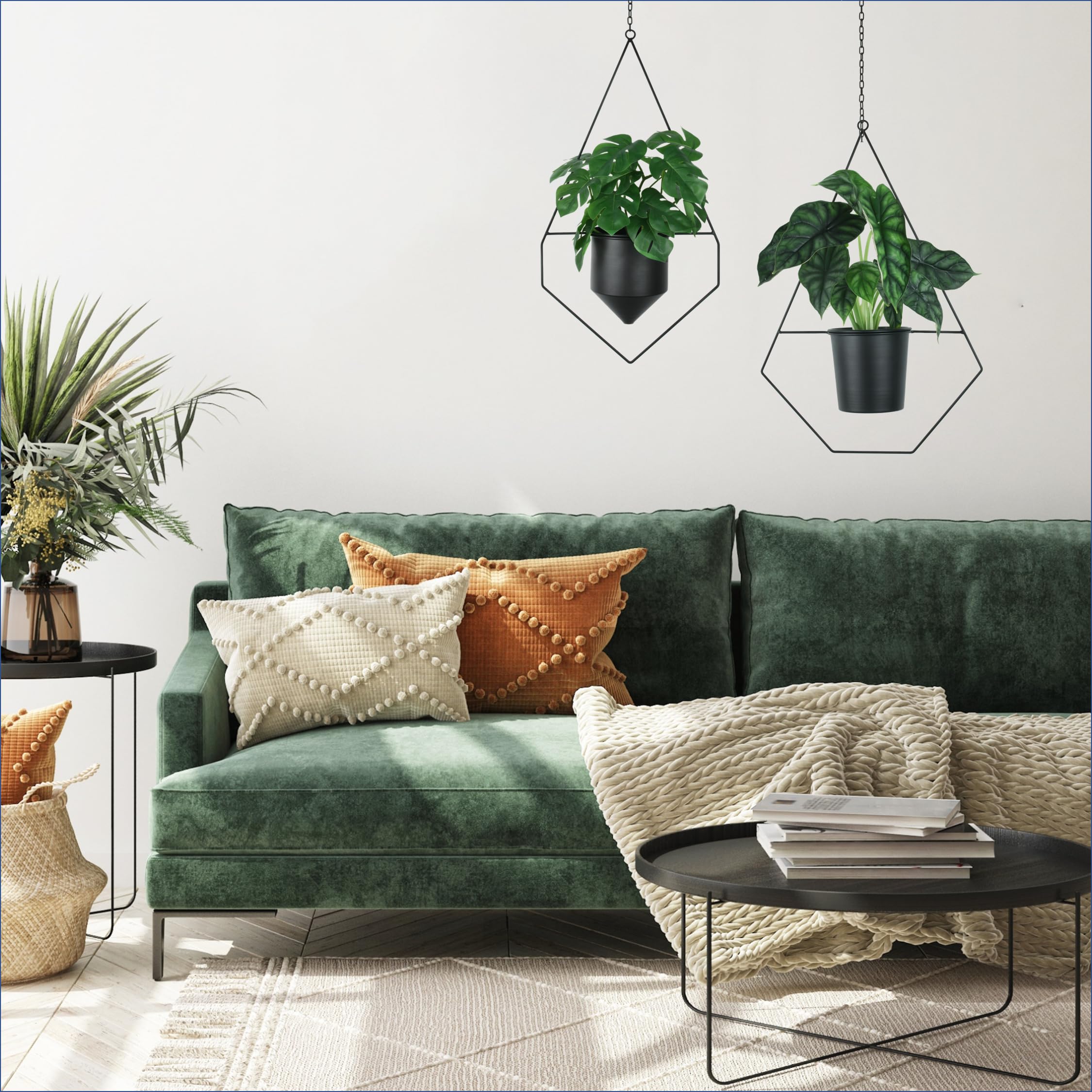 alma home Macetero colgante negro – Juego de 2 maceteros colgantes para interior y exterior, decoración de pared de metal para plantas con gancho y extensión de cadena
