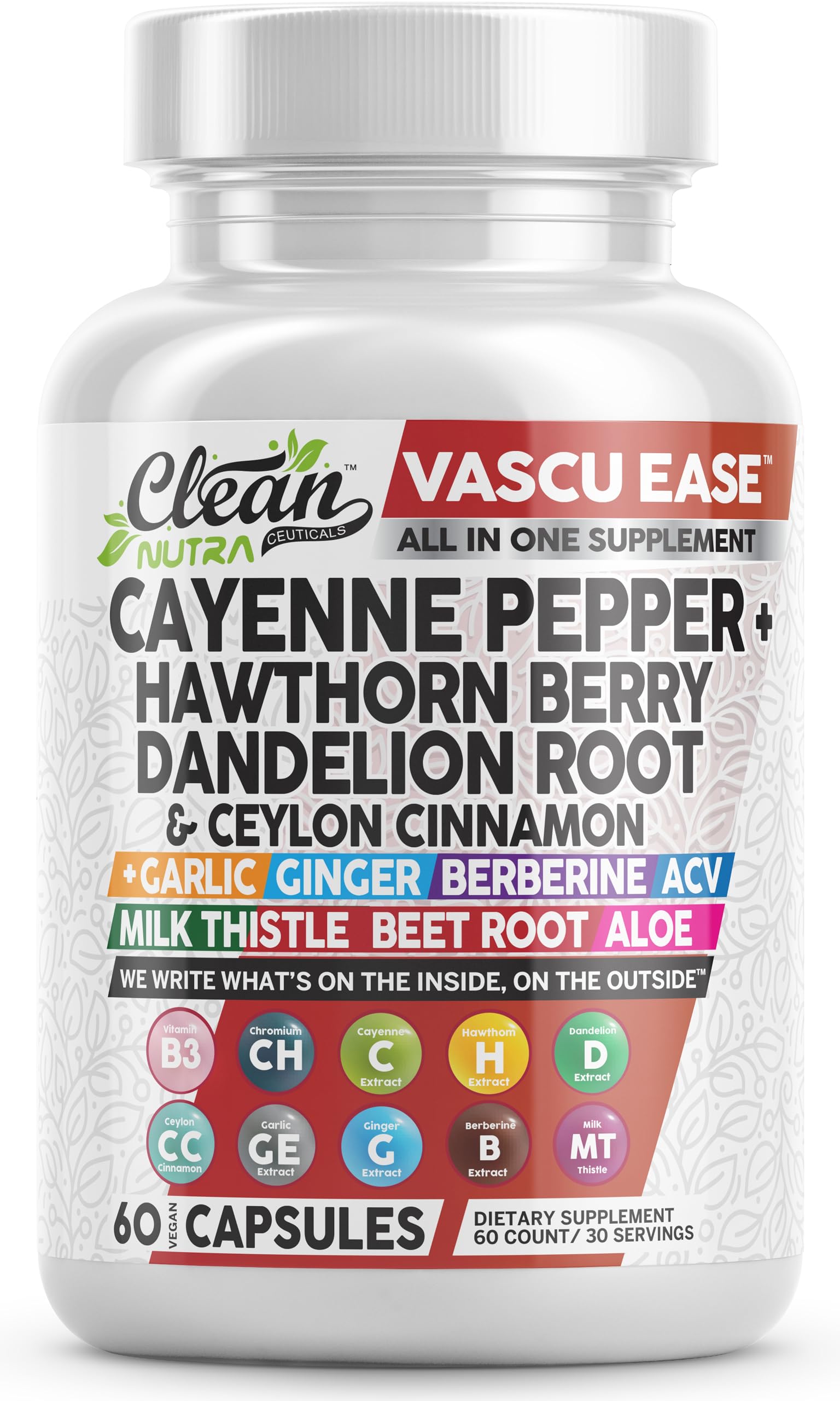 Clean Nutra Cayenne Pepper Capsules Supplement with Hawthorn Berry, Dandelion Root, Ceylon Cinnamon, Garlic, Ginger, Berberine, Apple Cider Vinegar, Milk Thistle, Beet Root, Aloe Vera Pills & More