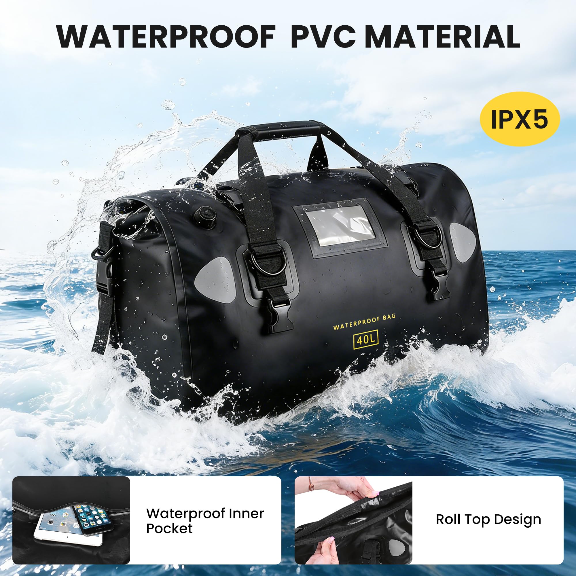 HOMIEE Bolsa trasera para motocicleta, 40 L, impermeable, bolsa grande con correas de cierre rápido, para turismo, camping, motociclismo, ciclismo, deportes acuáticos (negro)