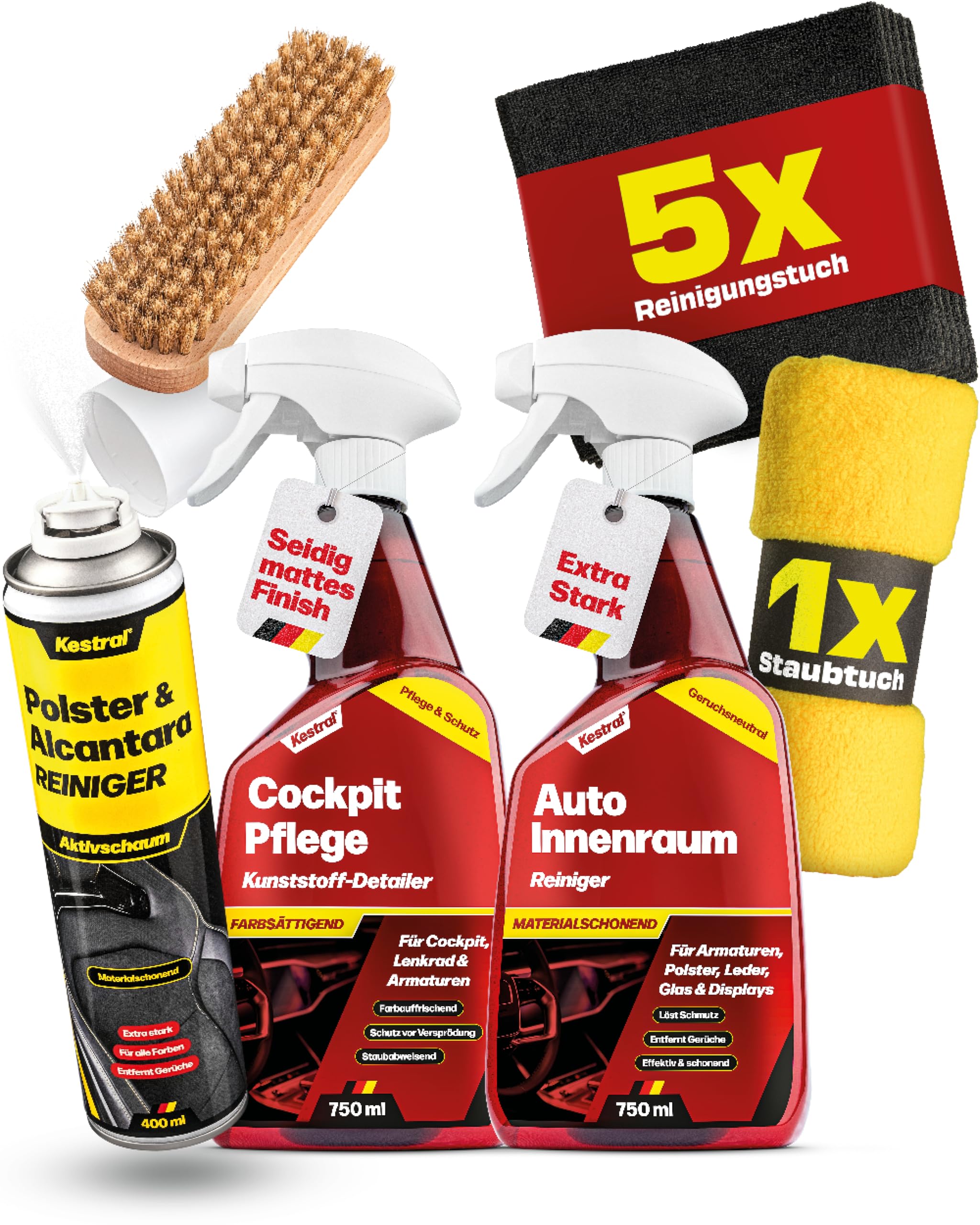 KESTRAL® Auto Innenraumpflege Set für Polster- & Alcantara mit 5X Mikrofasertüchern 1x Staubtuch & Bürste - entfernt effektiv Schmutz - farbsättigende Pflege im MATT-Effekt - Made in Germany