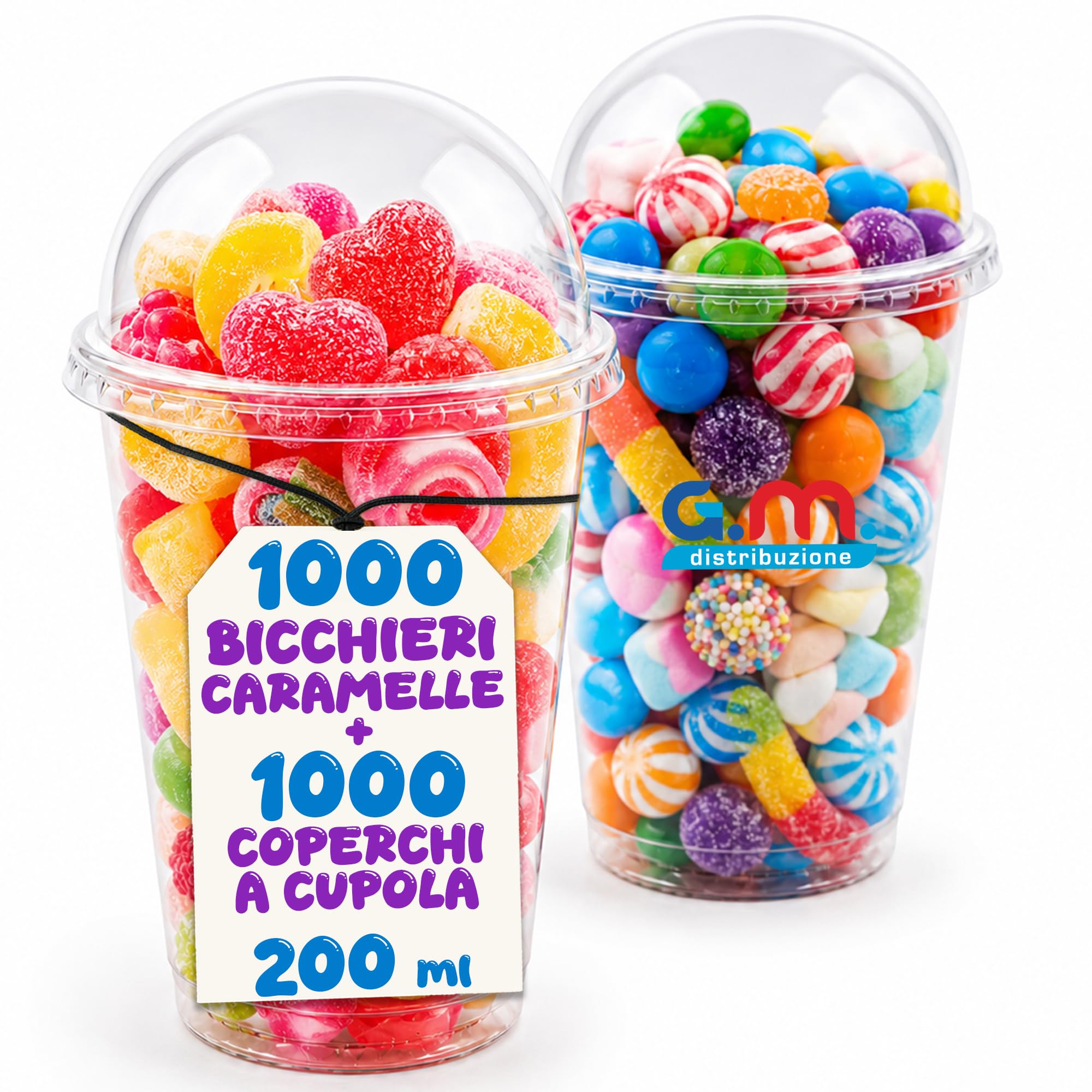 1000 Bicchieri per Caramelle in PET da 200ml + 1000 Coperchi A Cupola in PS, Bicchieri e Coperchi Usa e Getta Trasparenti, Bicchiere Monouso Alta Qualità per Bar e Gelaterie.