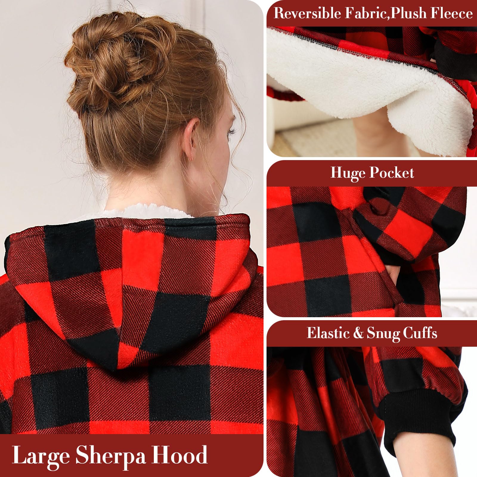 LetsFunny Sudadera con capucha de gran tamaño, súper suave, cálida, cómoda, con bolsillo gigante, para adultos, hombres, mujeres, adolescentes, niños, talla única (cuadros rojos, adultos)
