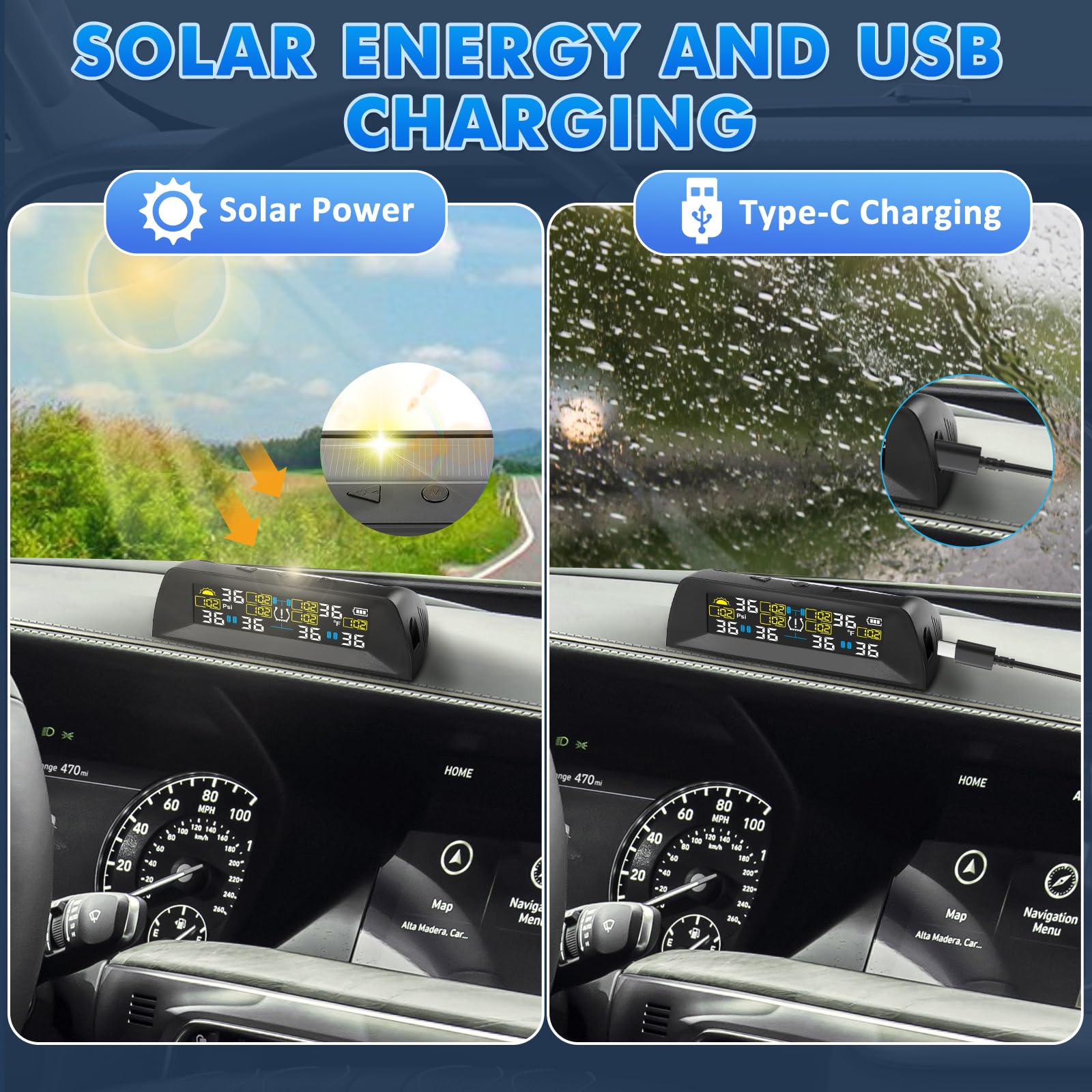 KAOLALI TPMS Sistema de Control de presión de neumáticos, con 6 Modos de Alarma, Carga Solar y Carga USB, con Pantalla LCD a Color y 6 sensores de presión de neumáticos externos, 0-9,9 Bar(0-144PSI)