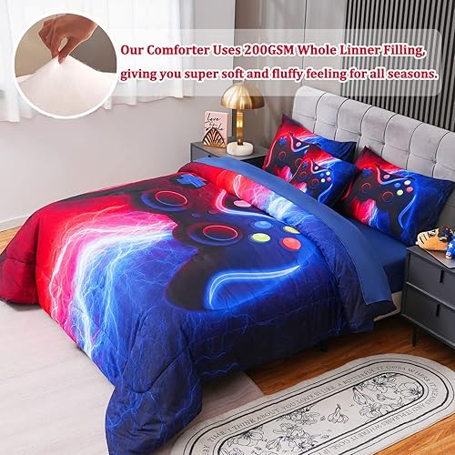 Miniatura 8 de 6 piezas de ropa de cama de tamaño completo para niños, conjuntos de edredón con diseño de rayos, rojo y azul, con sábanas
