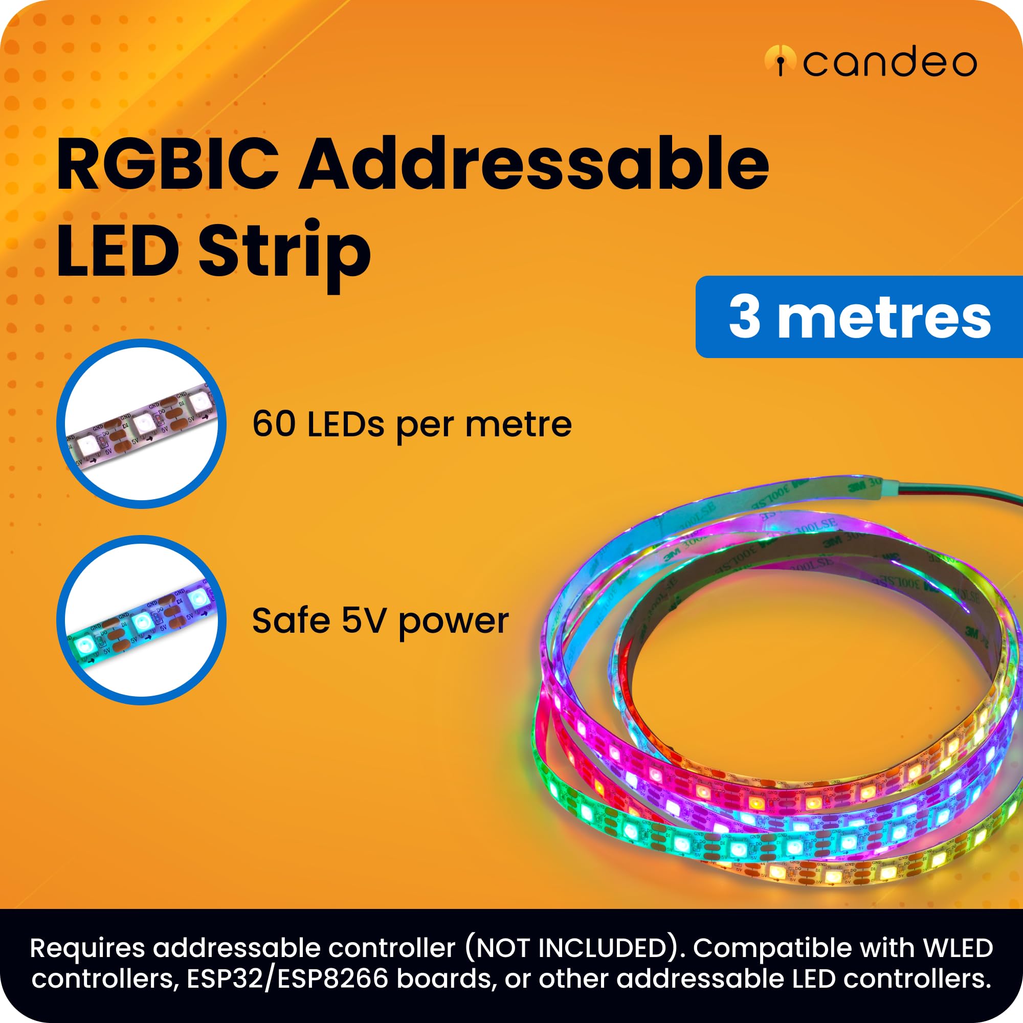 Candeo RGBIC Addressable LED Strip 5V 3M - Individual Pixel Control 180 LEDs, White - Image 2