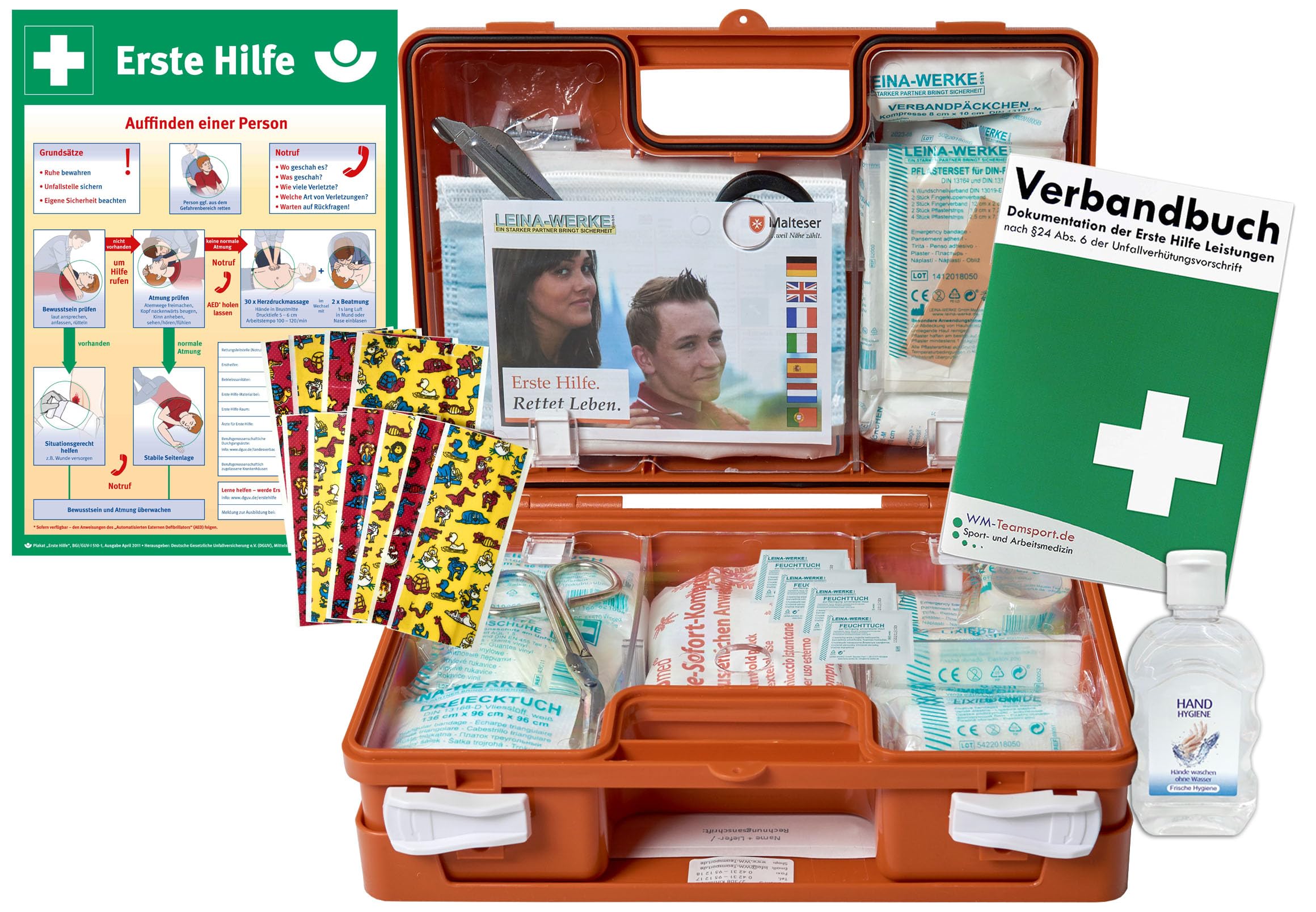 Erste-Hilfe-Koffer KITA M1 -Paket 2- nach aktueller DIN/EN 13157 für Betriebe + DIN/EN 13164 für KFZ inkl. 1. Hilfe AUSHANG & Hygiene-Gel