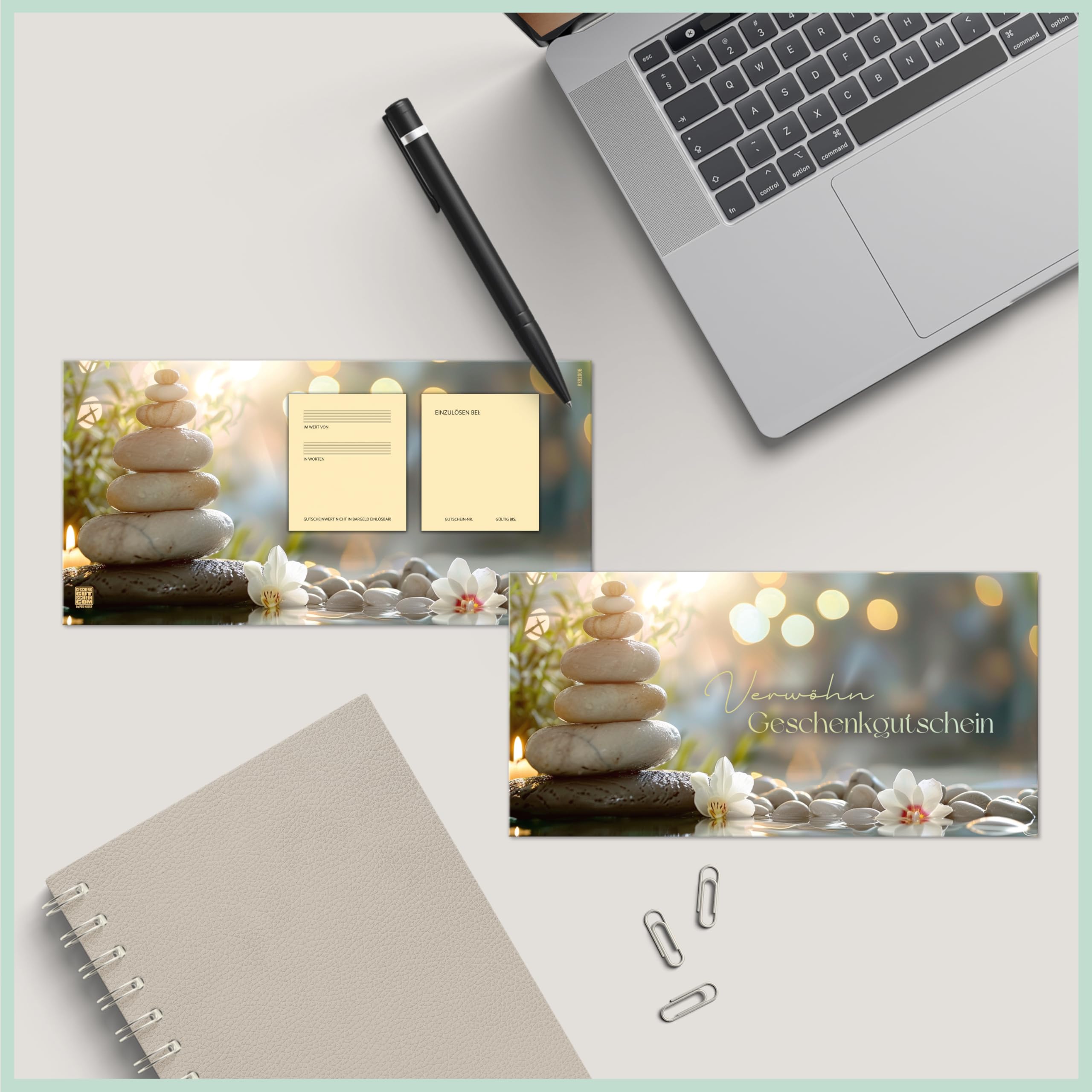 GESCHENKGUTSCHEINcom Gutschein-Set - 50 Gutscheine mit Umschlag & Schleife für Kosmetiksalon Wellness Massageinstitute, blanko zum selber Ausfüllen