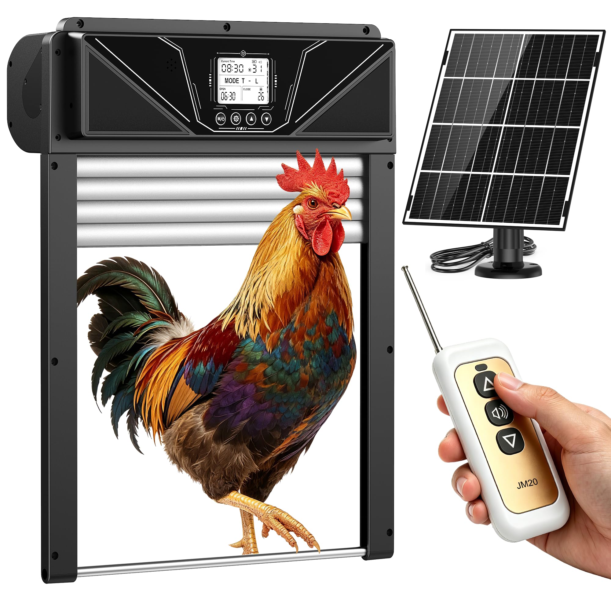 Porta automatica per pollaio, alimentata a energia solare, arrotolabile, con timer e sensore di luce, protezione da inceppamento, telecomando, porta in alluminio resistente alle intemperie