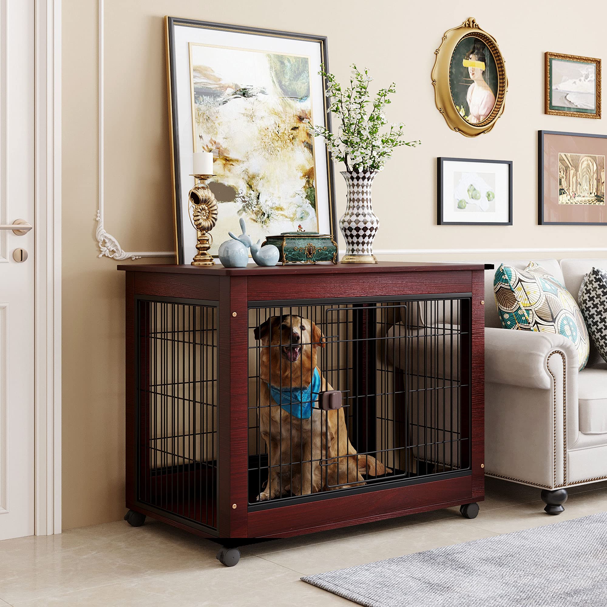 AOCHUANG 39In Length Pet Dog Crate Cage End Table with Wooden Structure and Iron Wire/Four Casters S