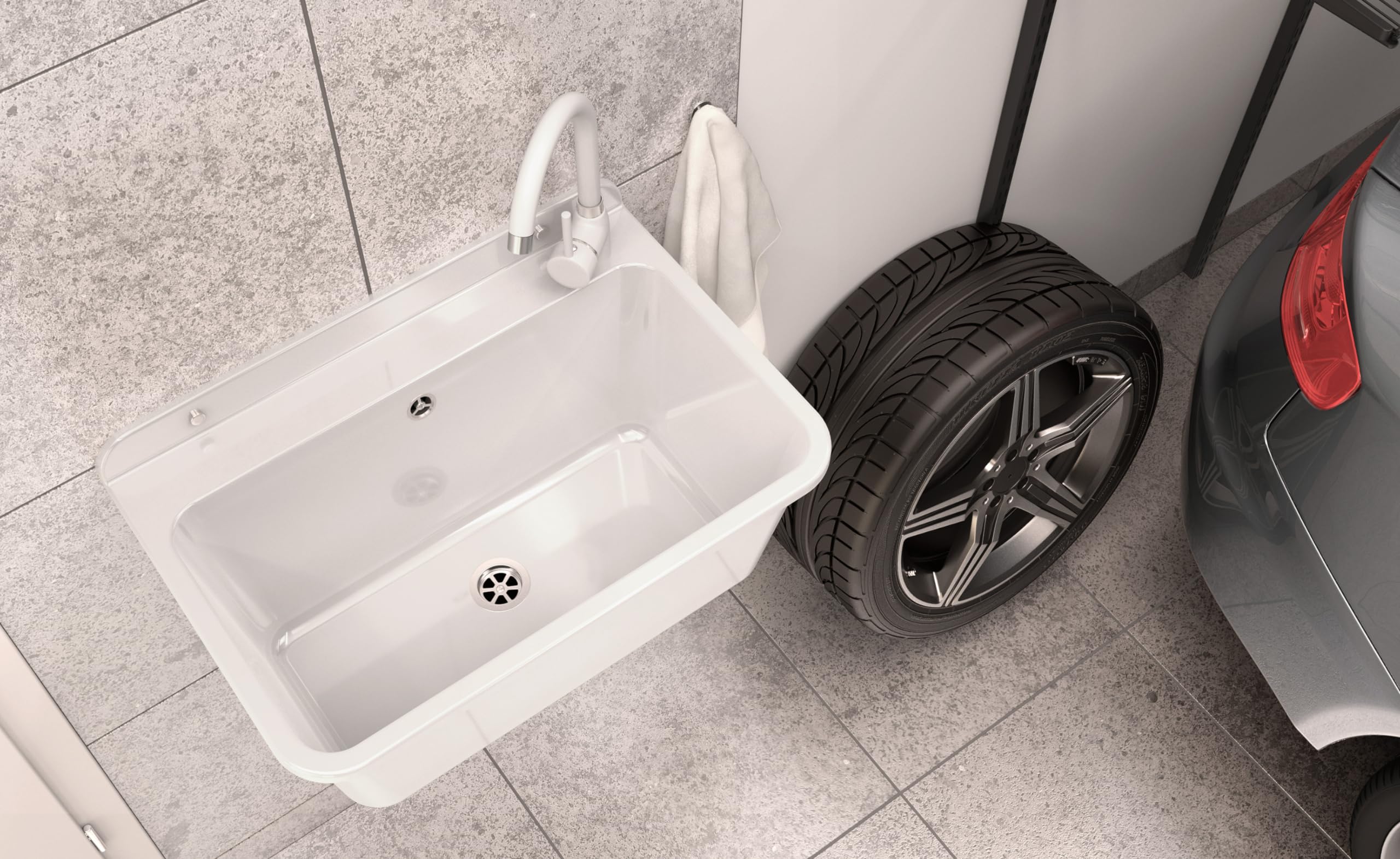 Granitan Ausgussbecken für Garage Keller Werkstatt - Universal Waschtrog mit Siphon - Waschbecken Wandmontage aus Polypropylen - 61x41x30 cm (Weiß + BETA Waschtischbatterie)