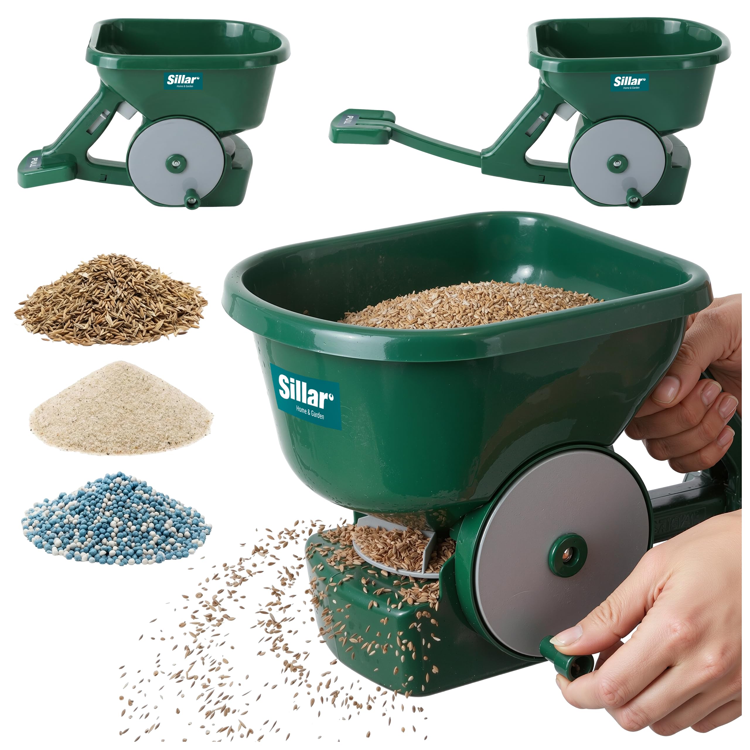 Sillar Handstreuer mit Ausziehbarer Stütze, 3 L Düngerstreuer und Samenstreuer, 4-Stufen Dosierung, 1,8-3,6 m Streubreite, Für Rasen, Salz, Sand und Streugut, Grün
